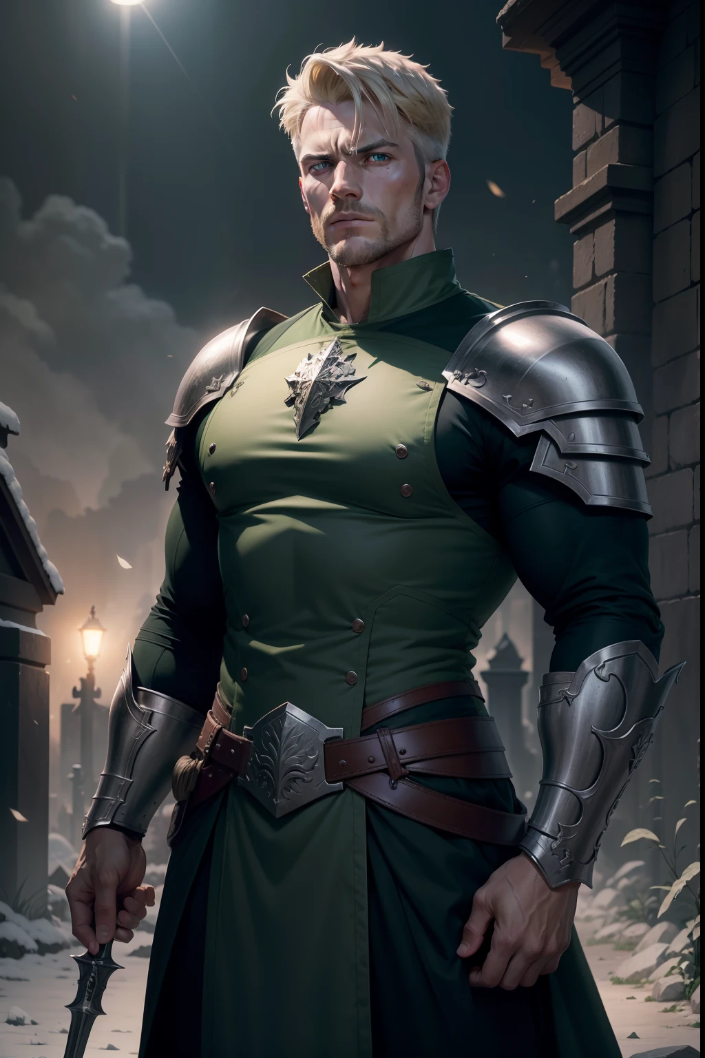 realistic image in 8k, of a strong man, 35 years old, blond, short hair, extremely detailed green eyes, dressed in dark green clerics' clothes and with silver shoulder pads, rpg warrior style, mournful expression, in a night cemetery, art in anime style
