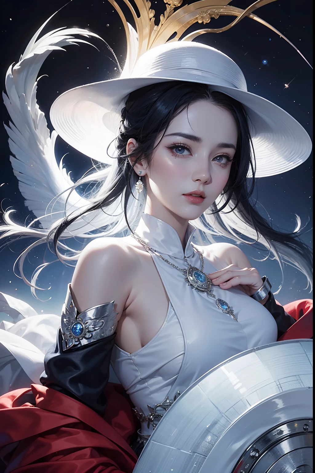 Gossip Diagram，Yin and Yang Eyes，taijitu，Woman，conservative clothing，Poor milk，(Wearing a big hat)，Blue Crane，Wearing blue and red and white princess dresses，upper body close - up，Close-up photos，jewely，Vision of Heaven and Earth，Diamond，carp，The background is the Milky Way，solar system
