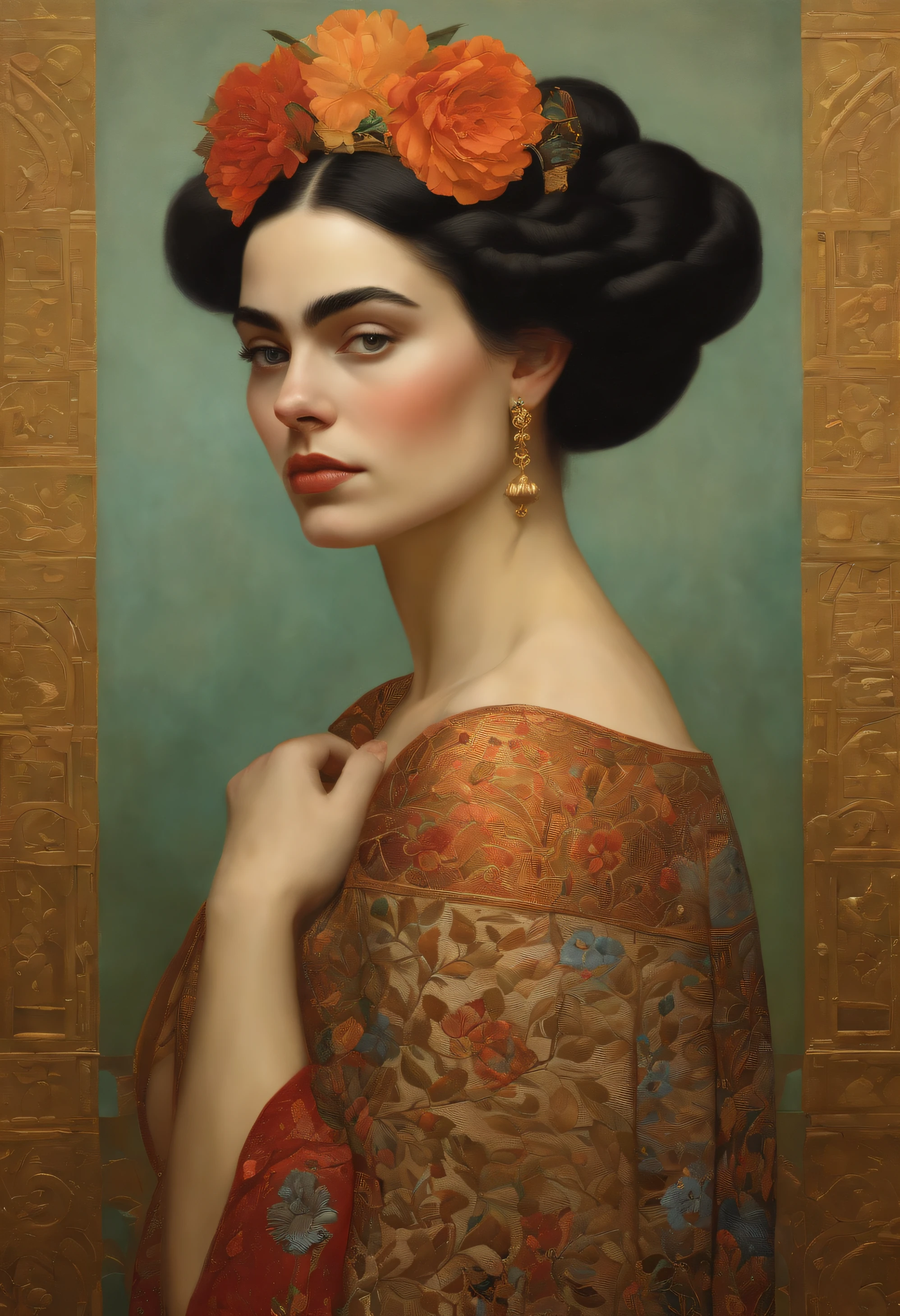 uma pintura de uma mulher, uma pintura ultrafina e detalhada inspirada em Kahlo, Vencedor do concurso CG Society, Arte Qajar, Andrey Remnev, Mucha Klimt e Tom Bagshaw, Estilo Gustav Klimt, Frida, Jen Bartel, Estilo de Gustav Klimt, arte linda, Adriano Borda