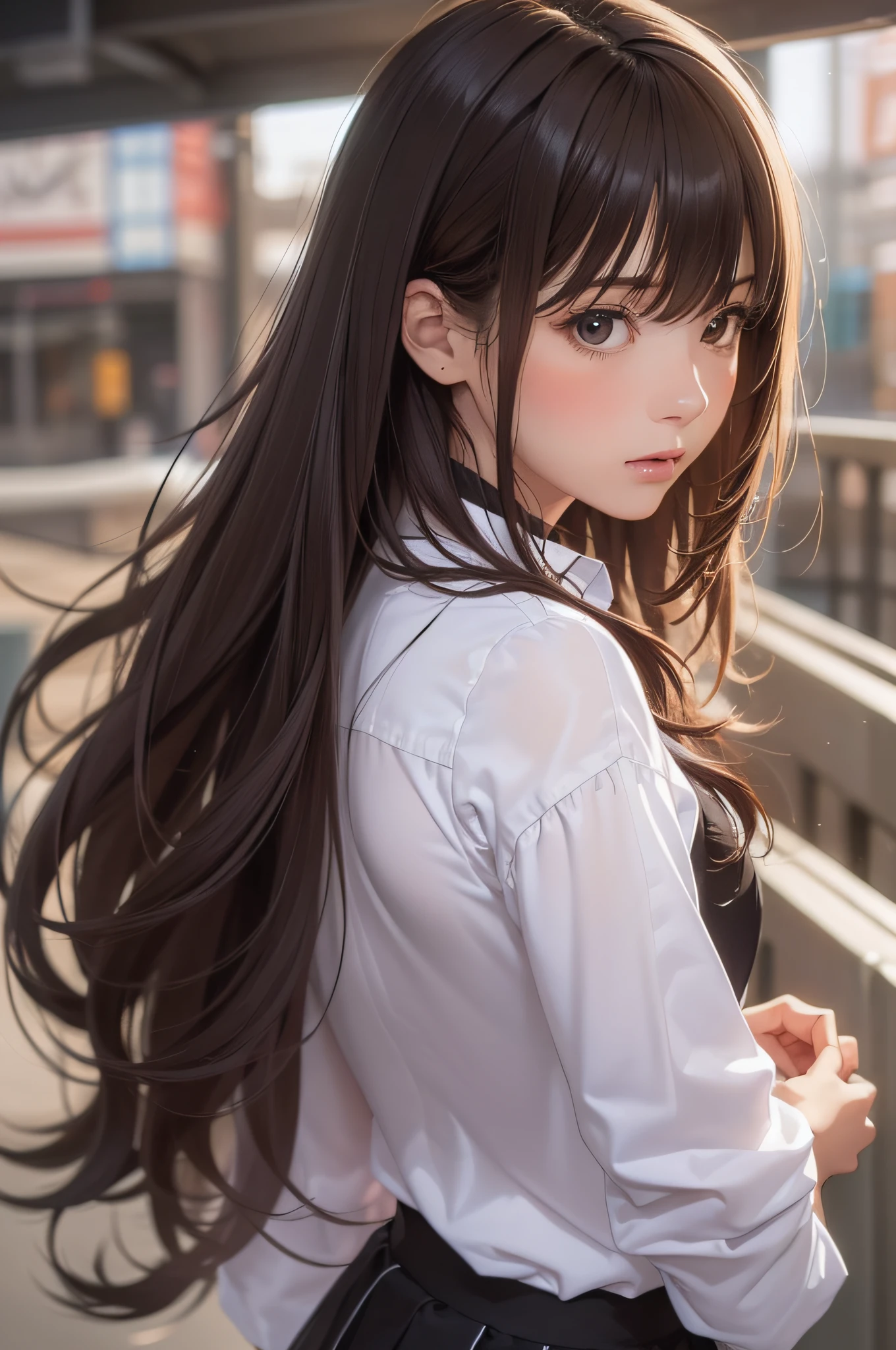 (1girl:1.3), (photorealistic:1.4), (masterpiece, top quality, best quality, official art), extreme detailed, highest detailed, (ultra-detailed), ((an extremely delicate and beautiful)), cinematic light,  contemporary, 
silky long hair, (brown hair), 
she standing at the station, in evening, 
shirt, long skirt, 
upper body, from above, 
shy, blush, (looking back:1.4)