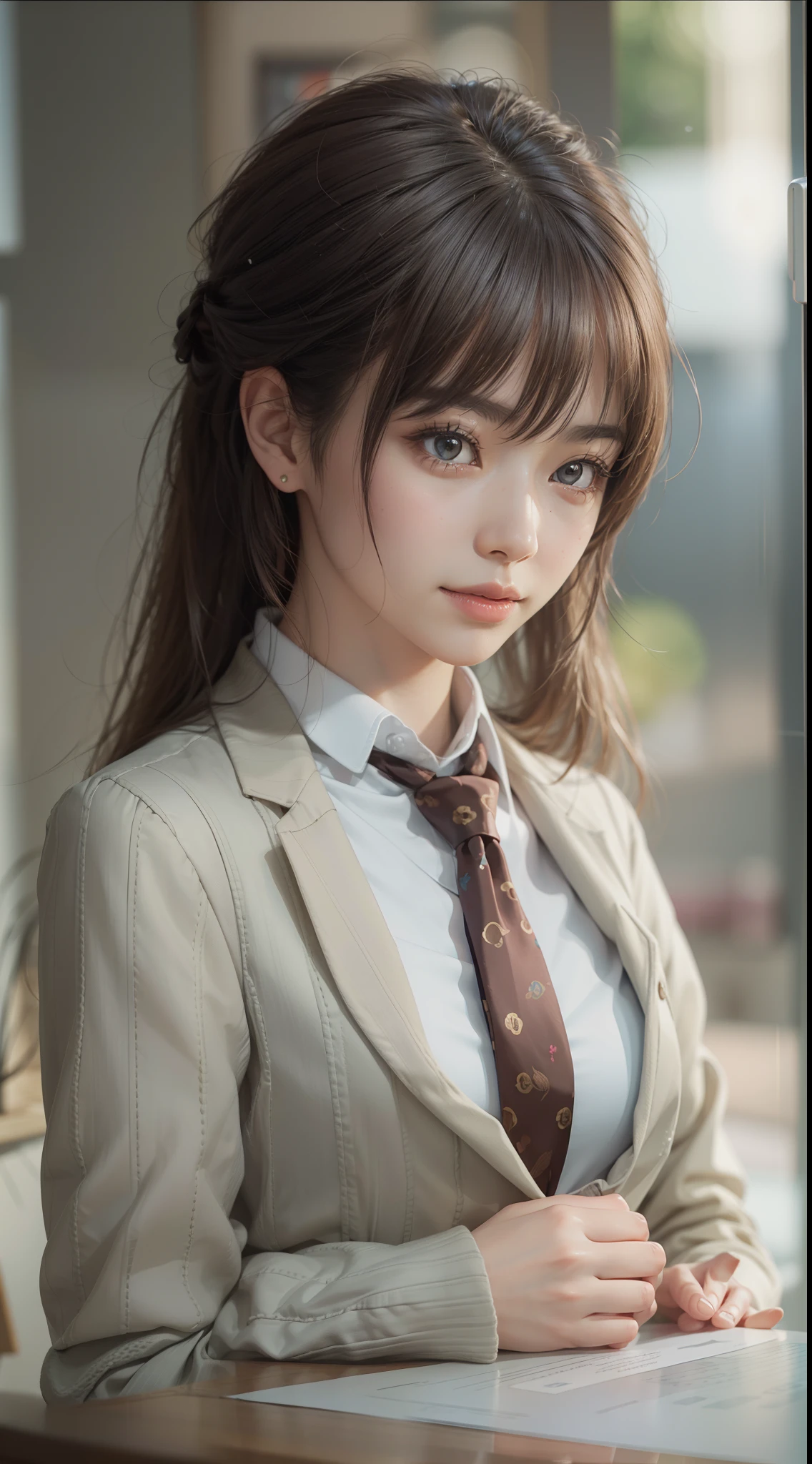 Photorealistic: 1.5, Office: 1.5, Suitable for office: 1.5, Formal wear: 1.5, Cute young Japanese, shy smile, droopy eyes: 1.3, People shot, (in 8K) , Master piece, (No retouching, Lip gloss, false eyelashes, real skin, top quality, super high resolution, depth of field, chromatic aberration, caustics, wide lighting, natural shading))