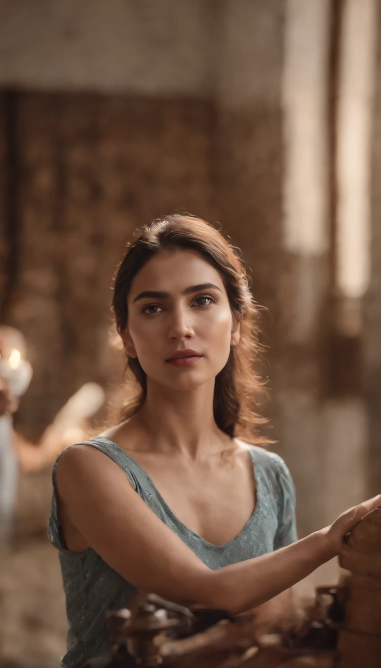 mulher com uma tesoura e um secador na mao em pe