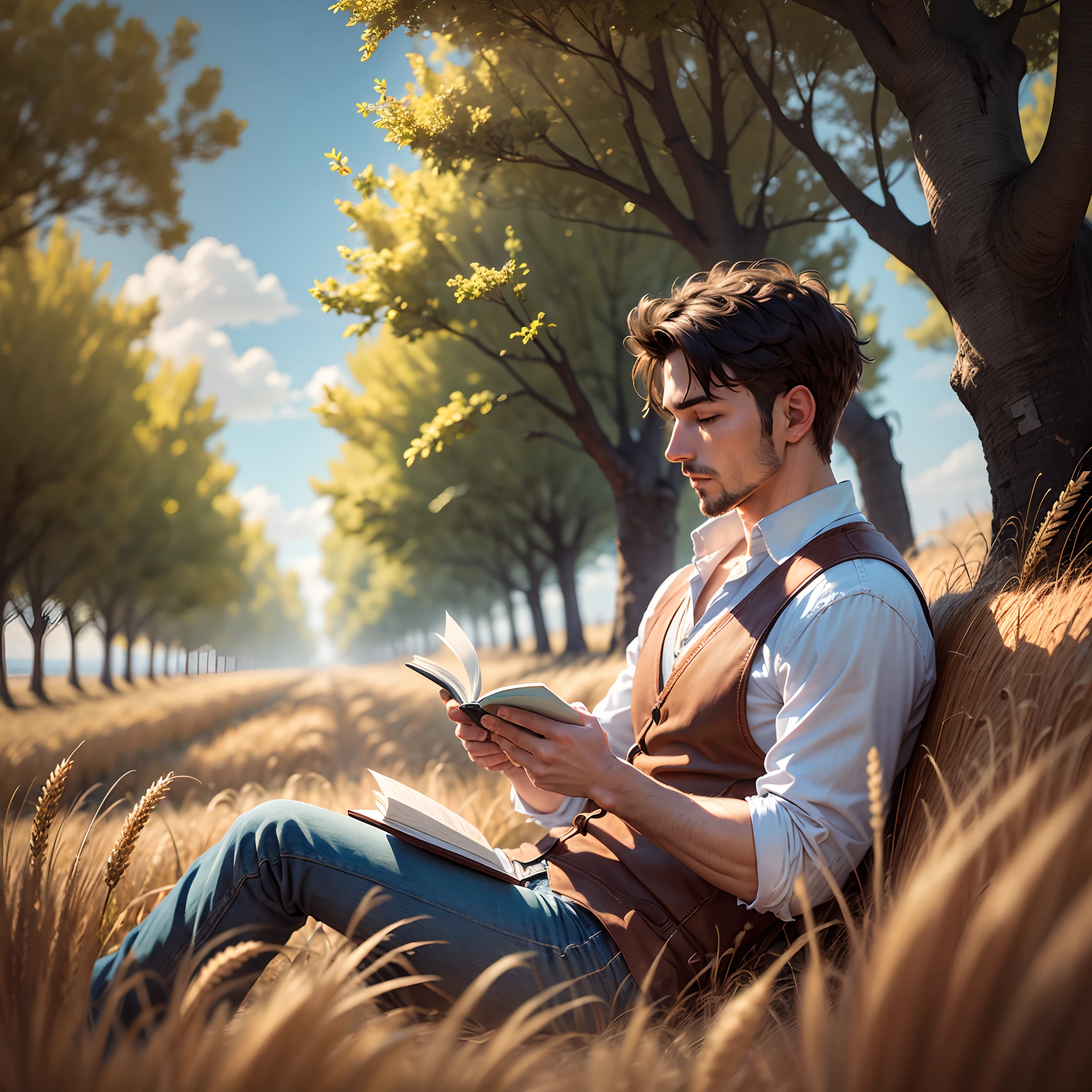 A man is reading a book next to a golden wheat field on a sunny day --auto --s2