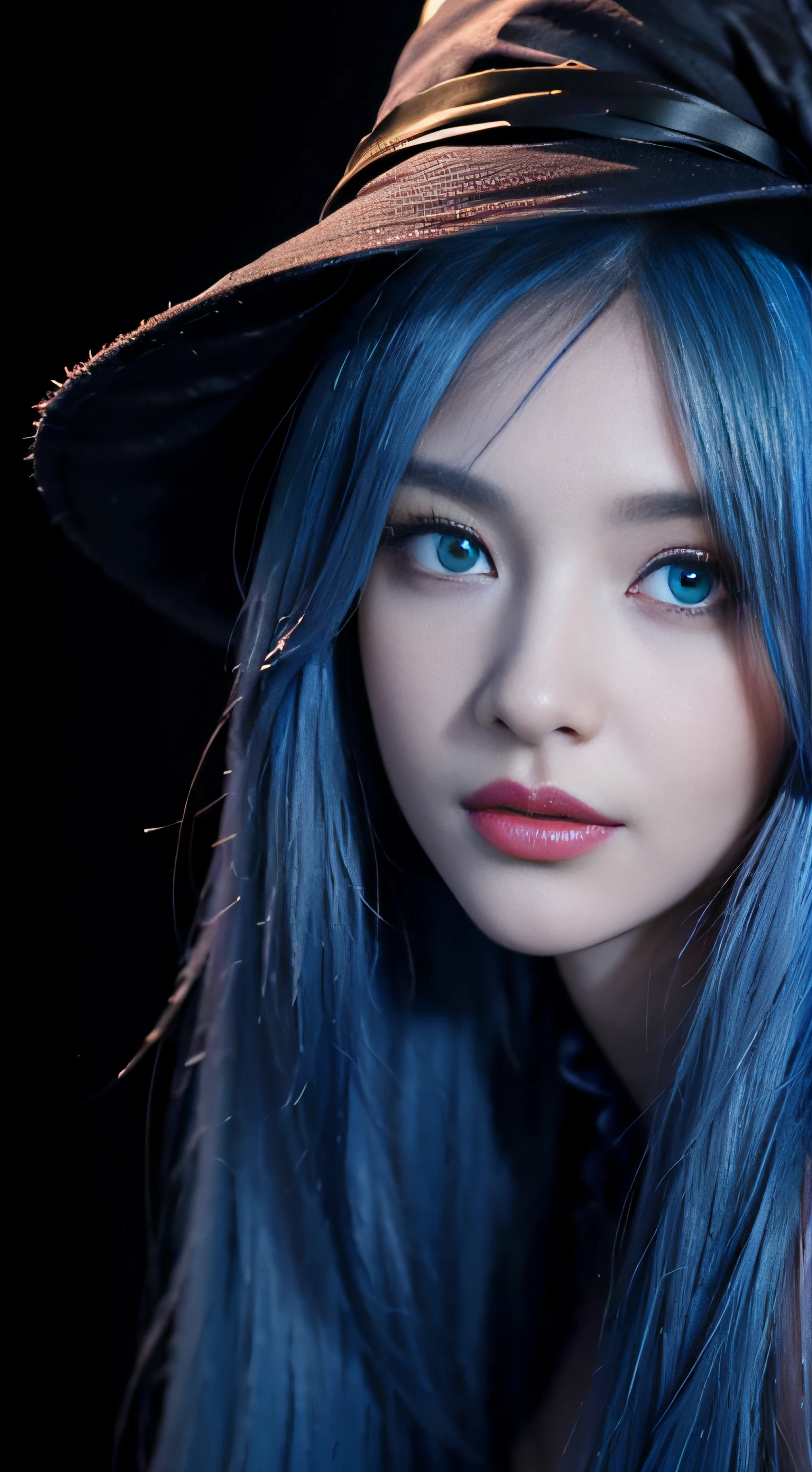 8K, Top Quality, Intricate Details, Ultra Detail, Ultra High Resolution, Masterpiece, from behind, Slender, Smile, (Makeup: 0.4), (Fluffy Blue Eyes: 1.21), blue Eyes, looking at viewer, ((full body)), 1girl, solo, 1 girl, ((close up shot)), feminine and sexy posture, ((tall)), (((fit body))), (((slim face))), sharp face, sharp eyes, (((sky blue hair, long hair, side bangs)) (detailed face), sharp face, small lips half open strawberry lips, pureerosfaceace_v1,
((witch hat, witch dress, witch glove, witch boot )), detailed face, detailed breast, Beautiful girl with accentuated slender abs: 1.4, Six Pack Abs: 1.4, Bust Botox, Big, Perfect Body, detail leg, (Dark Night Background: 1.2)