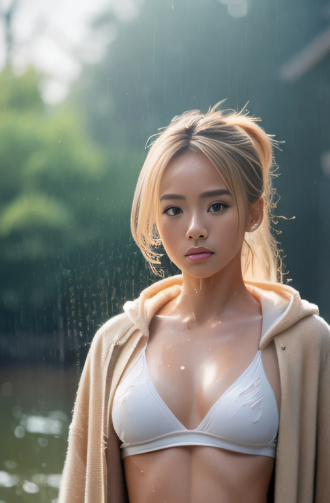 (masterpiece, top-quality:1.3), (Ultra detailed 8K cg:1.2), (hyper realisitic:1.35), (Photorealistic:1.45), (Realistic:1.4), Japanese famous actress, blond hair, Ponytail, (Tanned skin:1.4), Black Gal, flat chest, (gal make:1.5), (Looking at Viewer), Dynamic lighting, (Fancy hoodies), Hot Pants, (mist water), (hard rain:1.3),