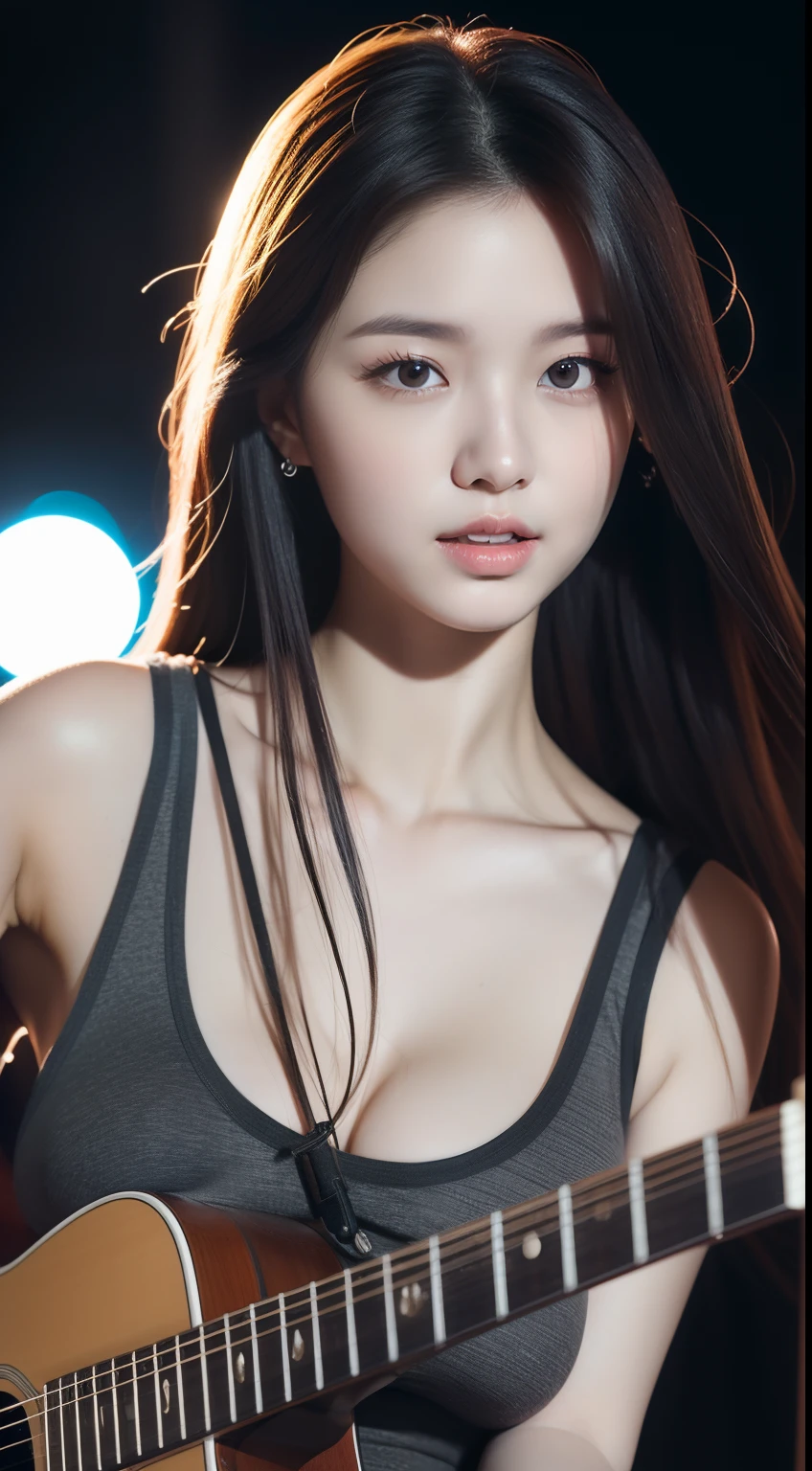 (((1girl))), hands up, brown long hair, tank-top, jacket, open shoulder, cowboy shot, bikini, medium breast, red background, open mouth, stick out her tongue out at viewers, red eyes, flushed,