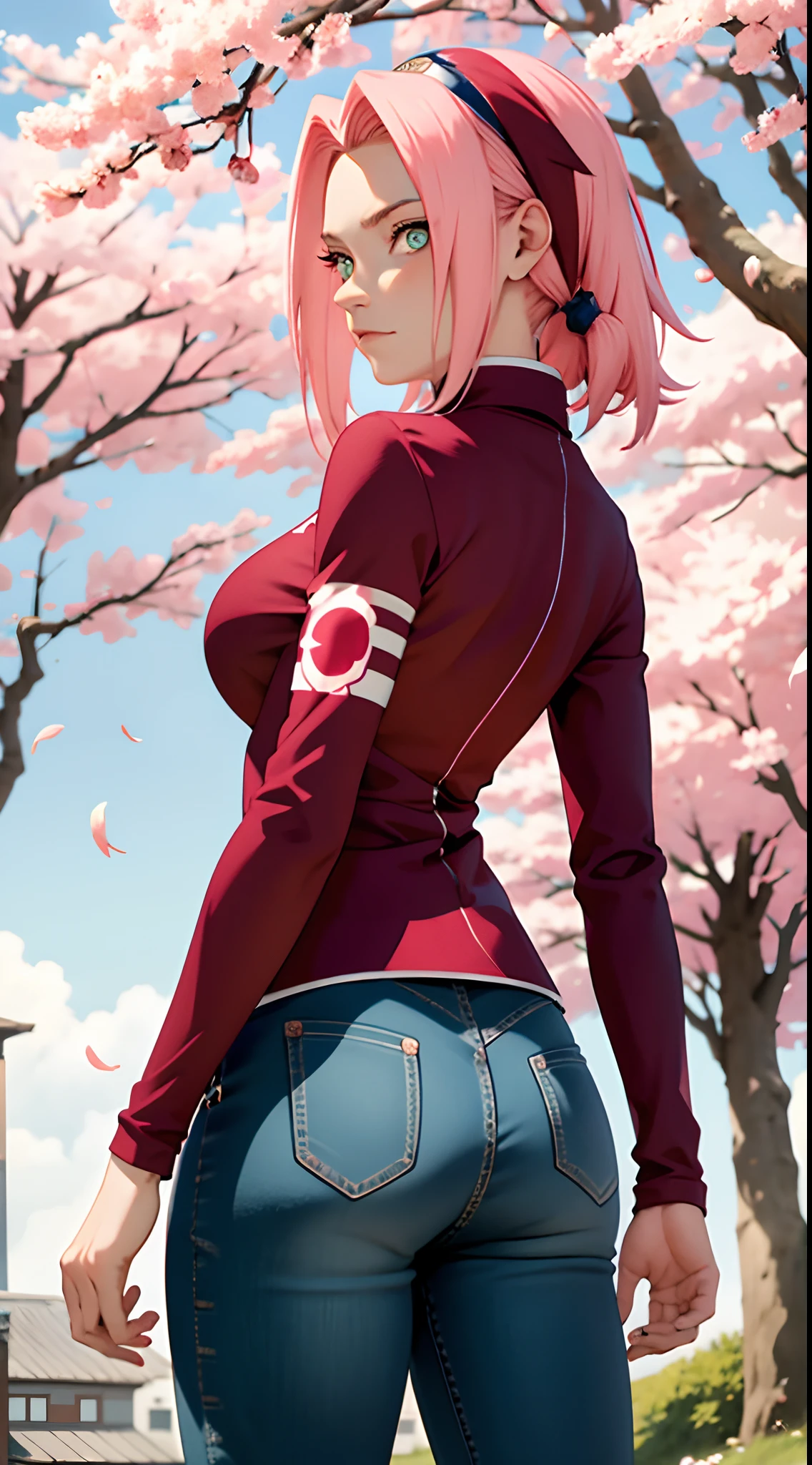 tmasterpiece， Best quality in the best， 1girll， Sakura Haruno， big boobs，schulterfreie Kleidung，（Spaltung)，Sexy erzogen，is shy，missmutig，mit rosa Haaren， lange rosa Haare， （green eyes:1.4)， Stirnschutz， The cherry trees，Flying cherry blossoms,perfekter runder arsch,von hinten,Full body portrait from behind,arsch in die kamera,skinny jeans