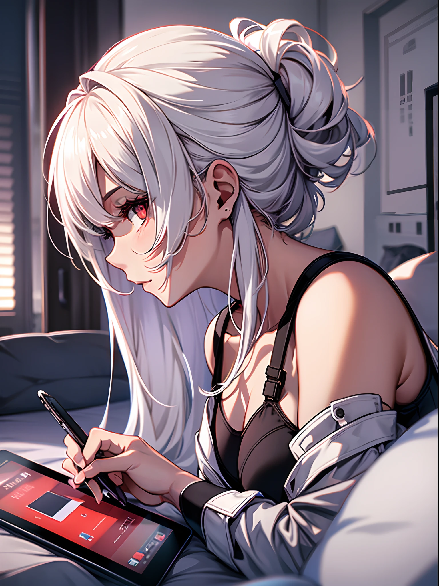 1girl, laying on bed, looking at tablet, white hair, side view, red eyes, masterpiece, ultrasharp, 8k