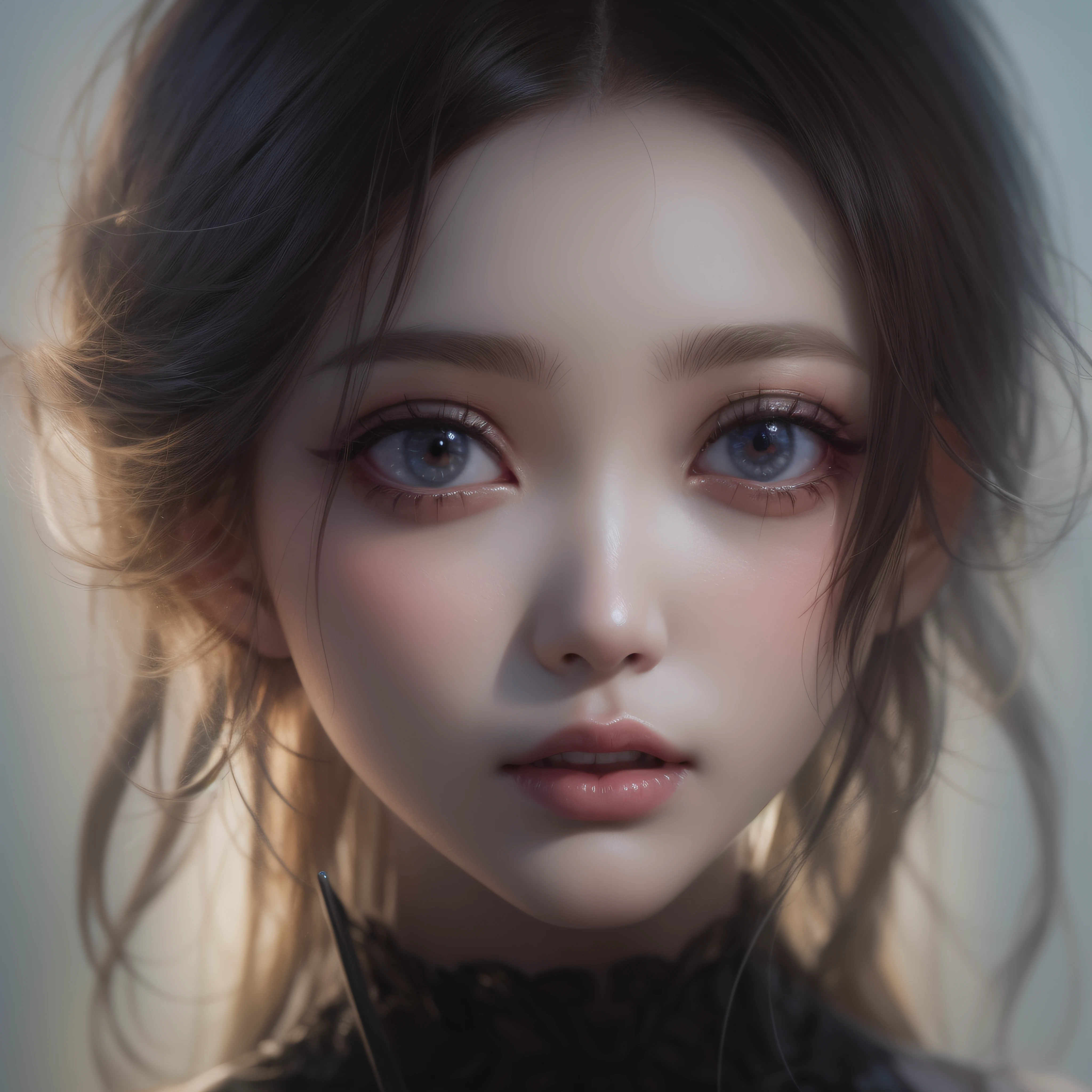Gothic Girl、makeup、close up of face、(realisitic、hight resolution)、(1 girl in)、Do-Up Eye、Korean Girl、(Best Quality), (masutepiece), (1girl in), Solo, a beauty girl, Perfect face,,dreamlikeart、Highly detailed airbrush art((Surreal))、Volumetric lighting、(top-quality)、The ultra-detailliert、