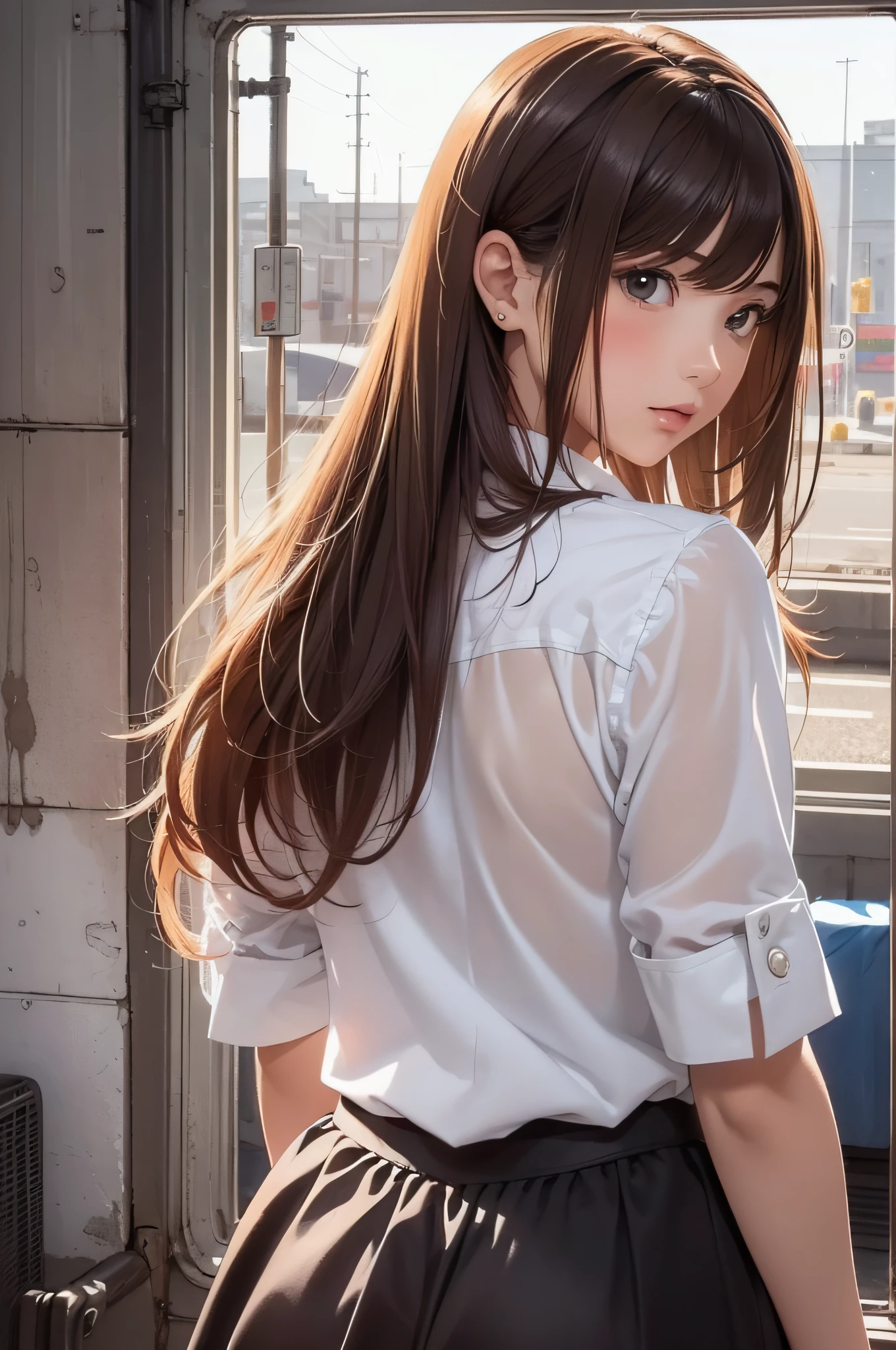 (1girl:1.3), (photorealistic:1.4), (masterpiece, top quality, best quality, official art), extreme detailed, highest detailed, (ultra-detailed), ((an extremely delicate and beautiful)), cinematic light, contemporary,
silky long hair, (brown hair),
she standing at the station, in evening,
shirt, long skirt,
upper body, from above,
shy, blush, (looking back:1.4)