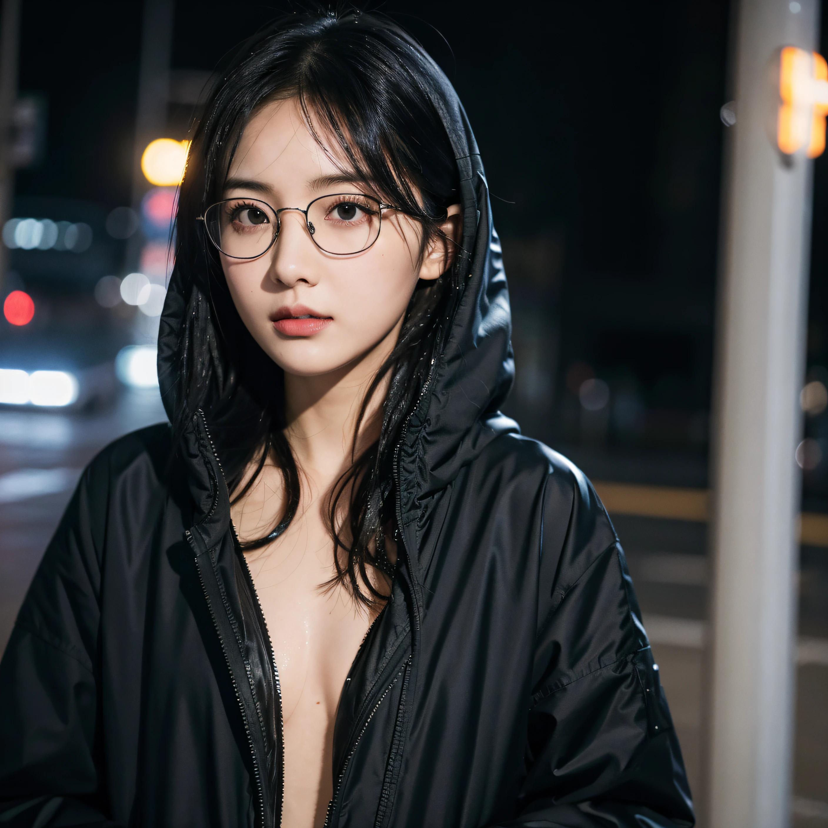 city, night, street, black hair, cute face, masterpiece, high res, wet, ultrasharp, 8K, full hood jacket, swimsuit, eyeglass, 8k wallpaper, finely detail, best quality, extremely detailed, incredible, beautiful detailed eyes