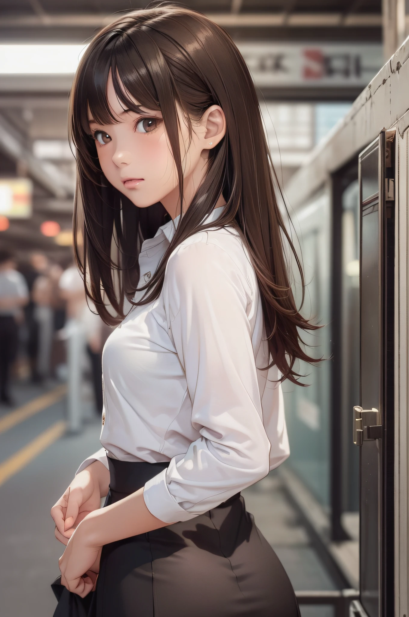 (1girl:1.3), (photorealistic:1.4), (masterpiece, top quality, best quality, official art), extreme detailed, highest detailed, (ultra-detailed), ((an extremely delicate and beautiful)), cinematic light,  contemporary, 
silky long hair, (brown hair), 
she standing at the station, in evening, 
shirt, long skirt, 
upper body, from above, 
shy, blush, (looking back:1.4)