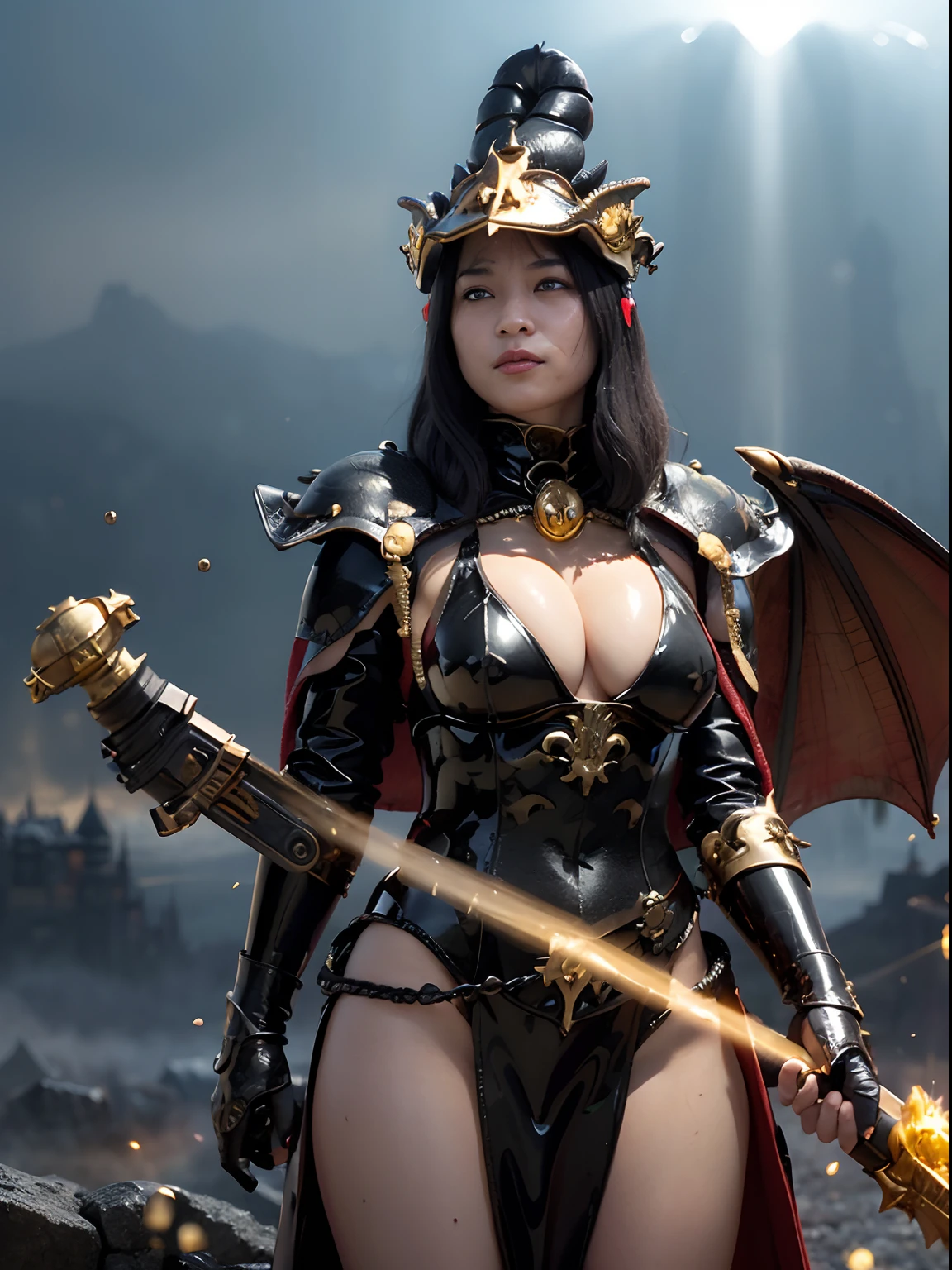 ((World of Darkness)),Professional , ​masterpiece、top-quality、photos realistic , depth of fields 、(((With the legendary magic wand))),（Dragon Black Metal Body:1.４),(latex black-blue、（cleavage of the breast）、Dragon Gold Weapon、(((Particles of light))),（Micro Bikini Armor:1.４),Gorgeous gold weapons ,（Fight dragons）、Seductive look、,Blood on the face,Blood Rain,Blood fog、（blood splattere：1.9)、（（Magic number ）） , (((Wearing a black latex wizard hat))),（demonic wings）   ,Detail and gorgeous crown、（（a blond））、（Castle background）、（（Gangle's forest background））、Beautiful Caucasian beauty、１a person、dynamic ungle,(((Detailed and ornate dragon wizard hat helmet)))、Smaller head、A smile、Castle background、Thin and beautiful female hands、cleavage of the breast、Soldier in iron armor on background、Mystical expression、Light Effects、intense fighting、Wind-effect、magic circles、With the legendary magic wand、Dragon's tail、explosions、