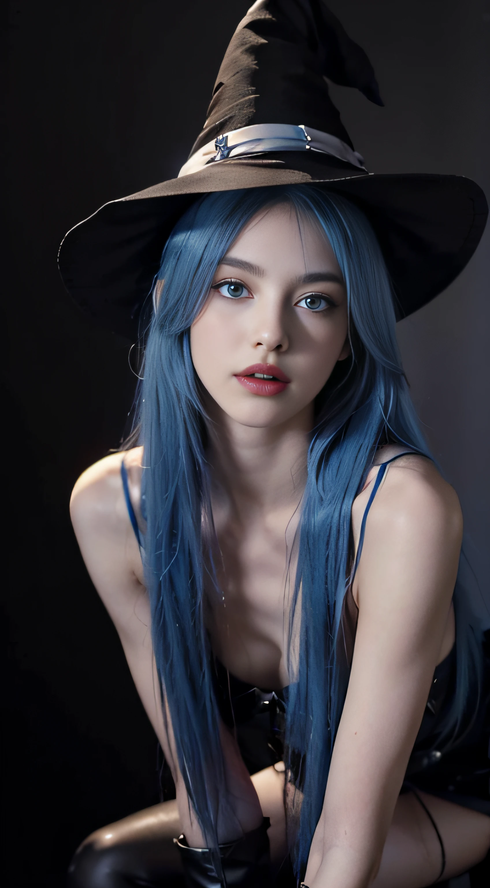 8K, Top Quality, Intricate Details, Ultra Detail, Ultra High Resolution, Masterpiece, , Slender, Smile, (Makeup: 0.4), (Fluffy Blue Eyes: 1.21), blue Eyes, looking at viewer, ((full body)), 1girl, solo, 1 girl, (()), feminine and sexy posture, ((tall)), (((fit body))), (((slim face))), sharp face, sharp eyes, (((sky blue hair, long hair, side bangs)) (detailed face), sharp face, small lips half open strawberry lips, pureerosfaceace_v1,
((witch hat, witch dress, witch glove, witch boot )), detailed face, detailed breast, Beautiful girl with accentuated slender abs: 1.4, Six Pack Abs: 1.4, Bust Botox, Big, Perfect Body, detail leg, (Dark Night Background: 1.2)