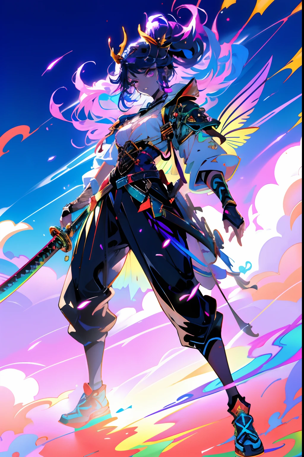 masterpiece, best quality, highly detailed, beautiful colorful fairy, blue hair, big shining wings, pink eyes, hyper realistic face, rainbow eyes, fantasy style, ((holding a white katana:1.0)), determinated expression, serious expression, ((full body:1.0)), vibrant, 8k, soft lighting, masterpiece, high fantasy, sci-fi, dynamic lighting, hyperdetailed, jordan grimmer, cowboy shot, flying in a cloud sky, lens flare, rainbow,sm,FFIXBG