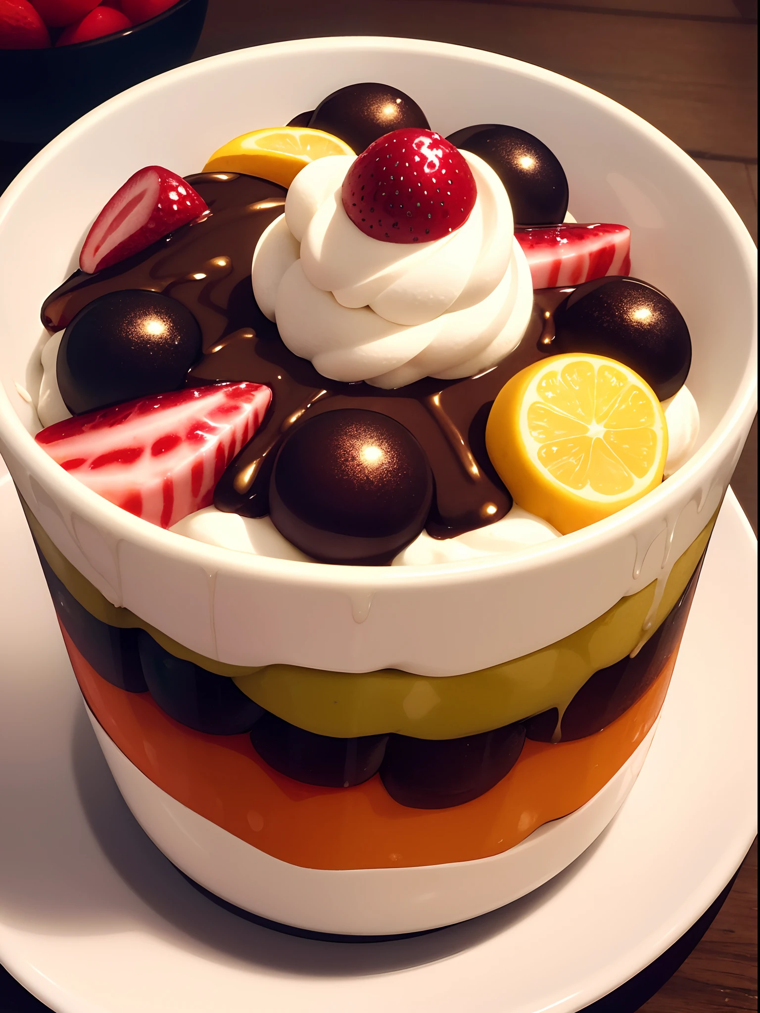 A colorful topping on a vanilla ice cream parfait. (best quality, highres, ultra-detailed), vibrant colors, detailed dessert, mouthwatering, delicious ingredients, sweet treat, dessert delight, appetizing display, glossy appearance, indulgent dessert, tempting presentation.
