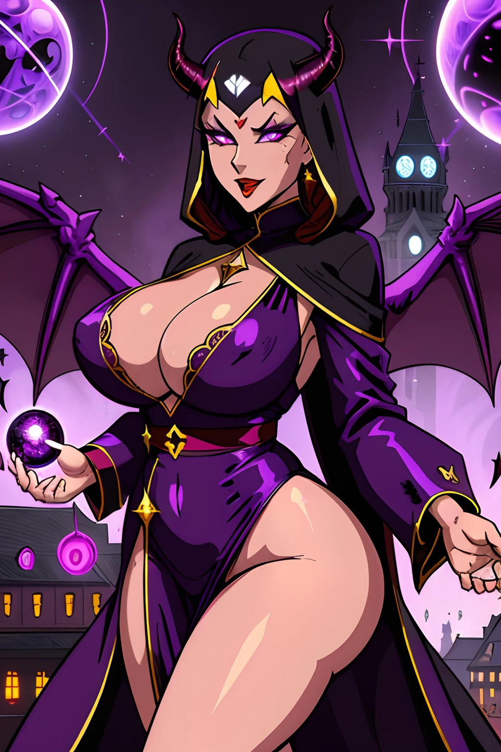 Lisa Ann: The evil nun, Demon horn, Demon wings on the head , sexy robe de nonne, His hands preparing a sphere of purple energy, diabolique, insidieux, His powerful magic hits the buildings of a city , Context of the Satanic Church, detailled eyes, detailed hands