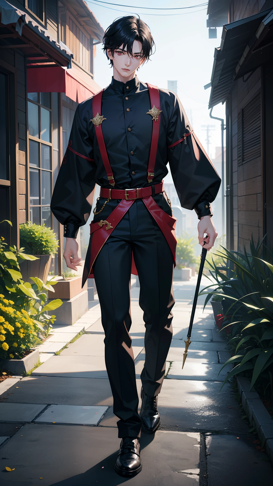 1boy, beautiful boy, Body Length 180 cm, 20 years old, ((The boy is standing)), full body, (short black hair, street Hairstyle) , ((Red eyes)), realistic eyes, beautiful and sharp eyes), masculine clothing, Boys clothes, muscles, (8k wallpaper), (Botanical Garden wallpaper), 8k, high quilty, realistic, beautiful realistic, Cool details, raw photo, realistic clothing, realistic hair, realistic eyes, Light and cool lighting, photo realistic, Cel shaded, Gel lighting, ultra details, realistic hair, realistic hair