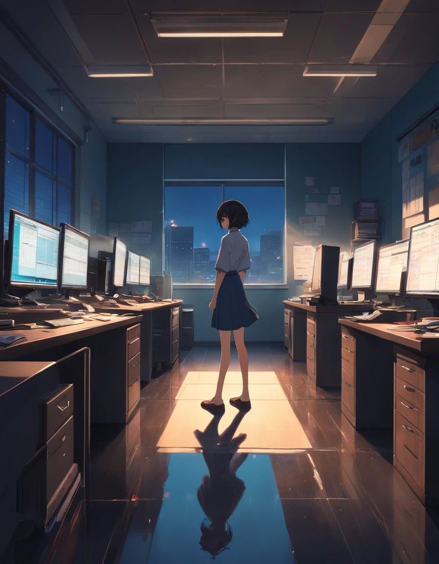 ​(masterpiece)、((Large office floor))、(very dark environment)、(suspense feeling)、(very contrasting shadows)、horor、s Office、Blood stains on the floor、Dark silhouette of office on background、very dark night、I have a lot of arms、Male humanoid monster standing in the distance、Blind Window