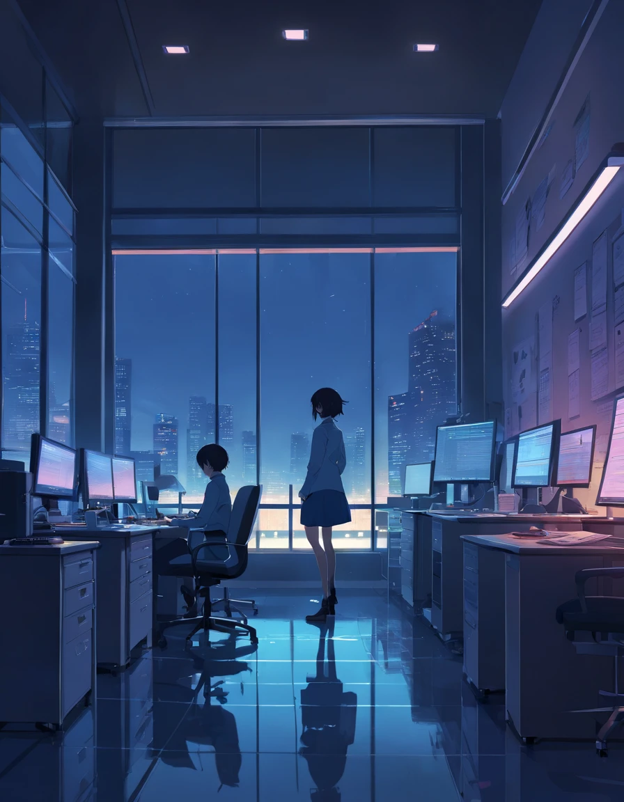 ​(masterpiece)、((Large office floor))、(very dark environment)、(suspense feeling)、(very contrasting shadows)、horor、s Office、Blood stains on the floor、Dark silhouette of office on background、very dark night、I have a lot of arms、Male humanoid monster standing in the distance、Blind Window