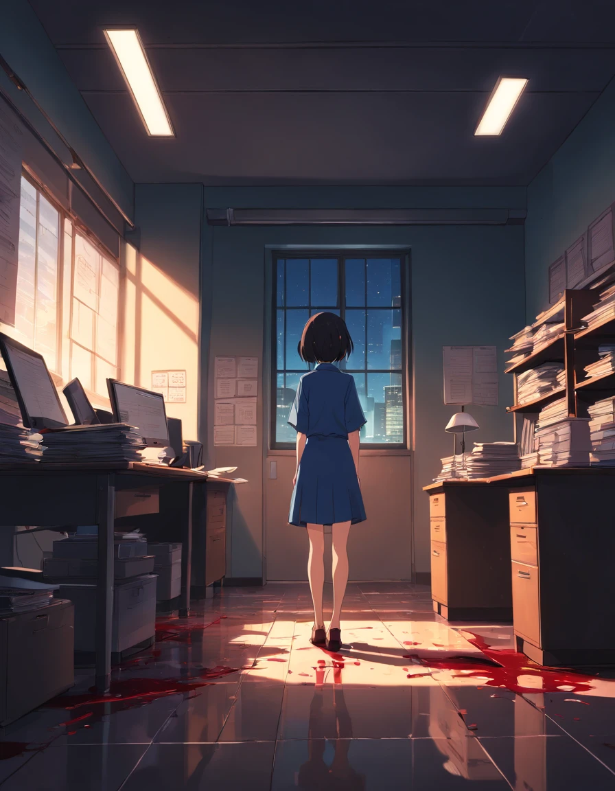 (masterpiece)、((Large office floor))、(very dark environment)、(suspense feeling)、(very contrasting shadows)、horor、s Office、Blood stains on the floor、Dark silhouette of office on background、very dark night、I have a lot of arms、Male humanoid monster standing in the distance、Blind Window