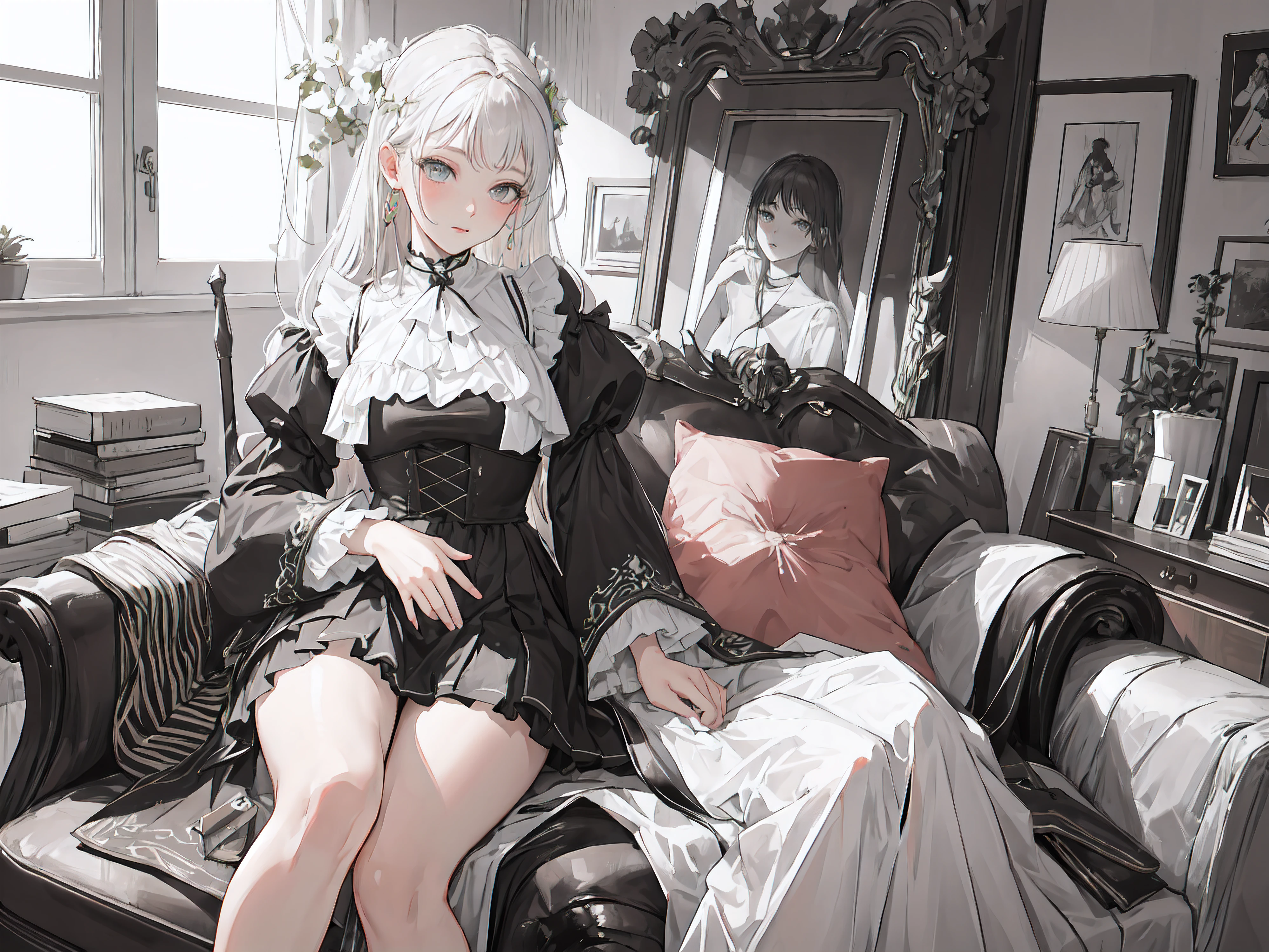 A naked 7 year old girl gray hair in Rococo Style sofa