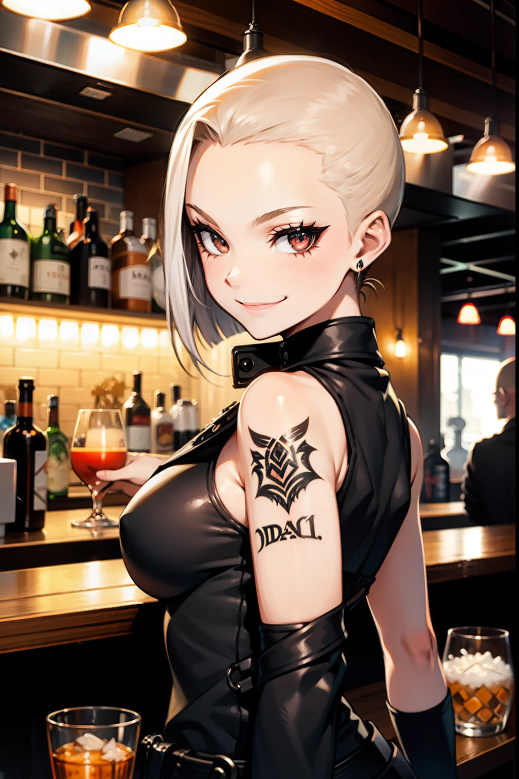 Girl wearing black sleeveless, pale skin, shaved head, coming soon, tattooed, bad girl, smiling, in a bar, 4k