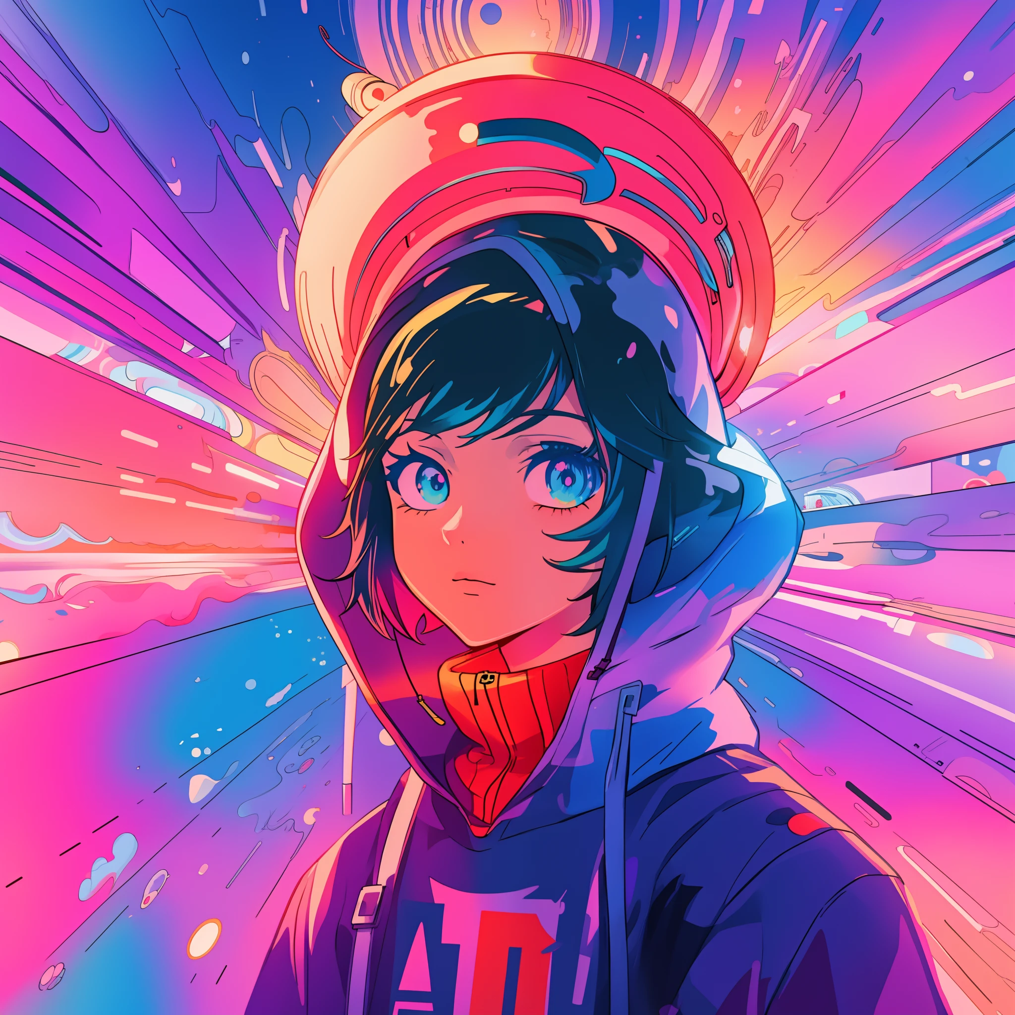 Anime girl with hoodie and hoodie on colorful background, anime style 4 k, cyberpunk anime girl in hoodie, anime style illustration, jen bartel, digital art in anime style, anime art wallpaper 4k, highly colorful,anime art wallpaper 4k, digital art in anime style, portrait anime space cadet girl, rossdraws cartoon vibrant, digital anime illustration, anime style artwork, anime abstract art