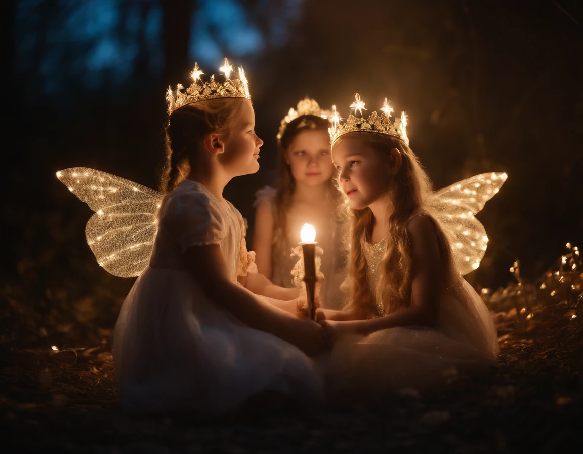 YOUNG SIBLINGS IN FAIRYLAND WITH THEIR GOLDEN RETRIEVER AND LIGHT FAIRIES, NIGHTTIME, NATURE, MOONLIGHT, WEARING PRINCESS CROWNS