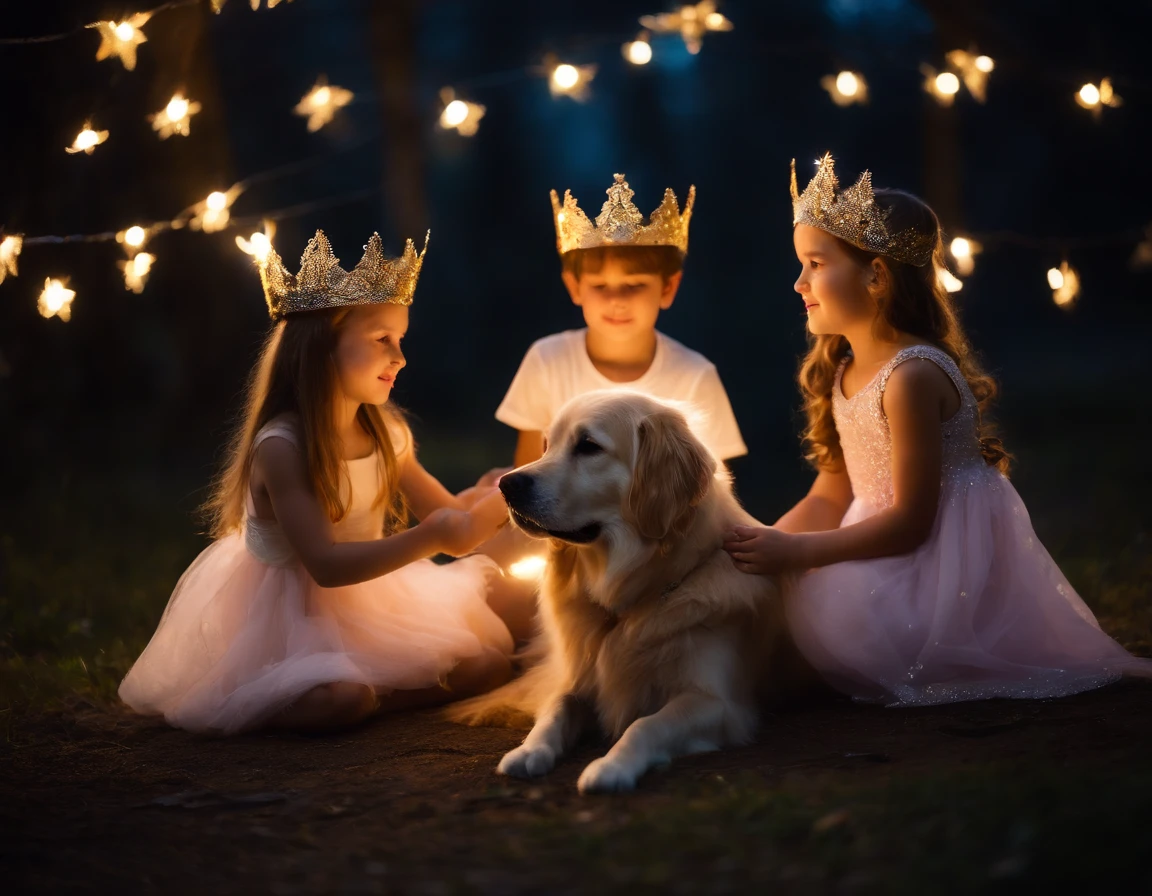 YOUNG SIBLINGS IN FAIRYLAND WITH THEIR GOLDEN RETRIEVER AND LIGHT FAIRIES, NIGHTTIME, NATURE, MOONLIGHT, WEARING PRINCESS CROWNS