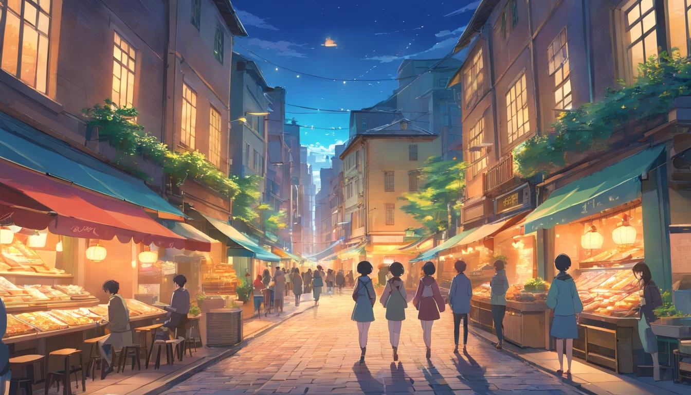 (best quality,4k,highres,masterpiece:1.2),ultra-detailed,anime,anime street,makoto shinkai style,movie scene,masterpiece lighting,masterpiece scene,vivid colors,sharp focus,unreal lighting,decent amount of people on the streets,starry night sky,neon lights,glowing shop windows,lively atmosphere,unique architecture,weathered cobblestone streets,bustling crowd,expressive and detailed characters,panoramic cityscape,dynamic composition,juxtaposition of lights and shadows,playful and vibrant colors,emotional and cinematic atmosphere,whimsical elements,ethereal and dreamlike ambiance,magical encounters,romantic atmosphere,pleasing aesthetics,serene and tranquil ambience,fleeting moments,immersive experience,anime-inspired character design,bustling street market,cozy cafes and shops,captivating storytelling,delicate and intricate details,stylistic approach,emotive facial expressions,expressive eyes and vibrant hairstyles,lively and animated gestures,creative and imaginative setting,surreal and enchanting beauty,story and emotions conveyed through visuals,hand-drawn style with digital refinement,flawless attention to detail,nostalgic and whimsical vibe,unforgettable scenery and cinematography,awe-inspiring mise-en-scène,seamless integration of traditional and modern elements.