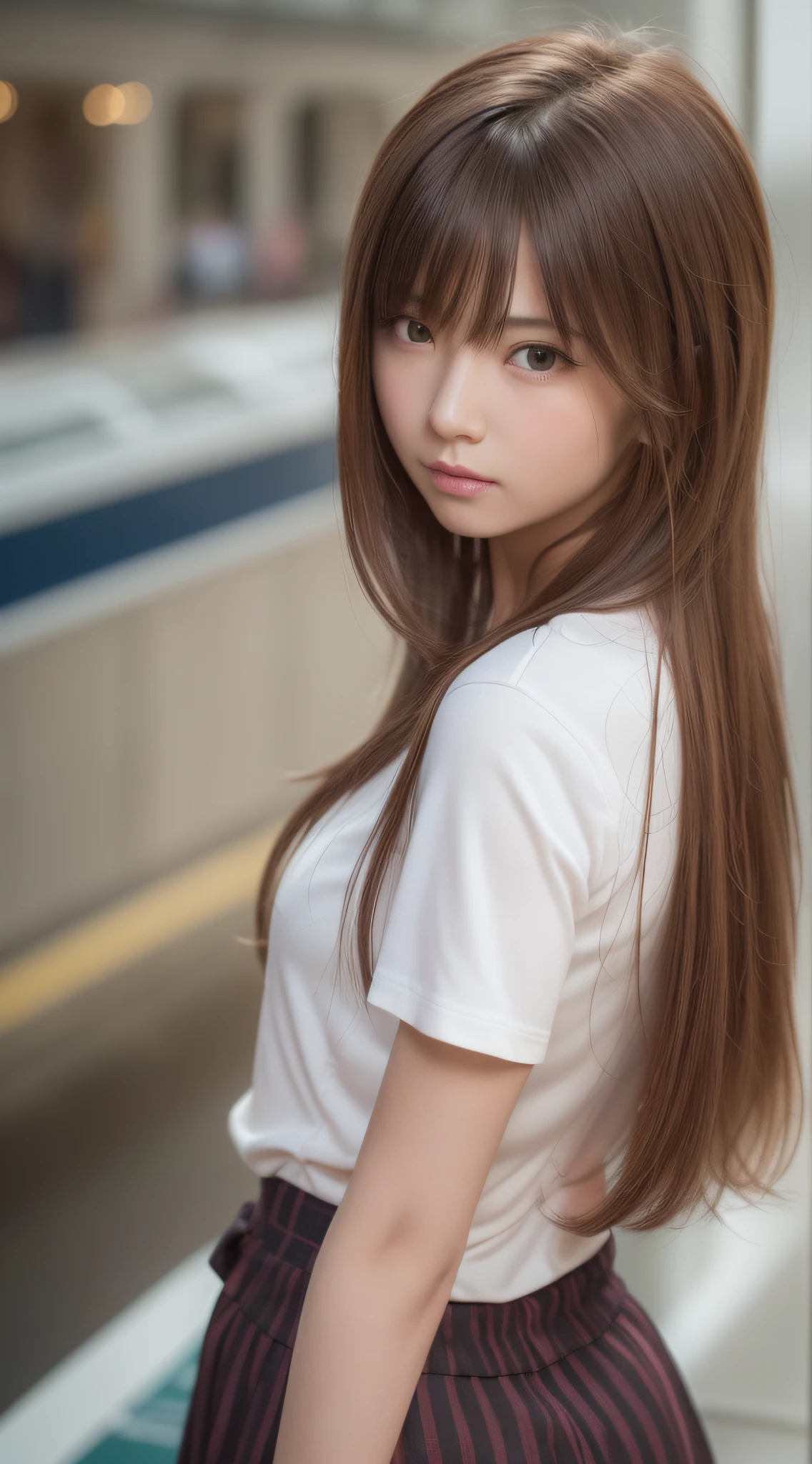 (1girl:1.3), (photorealistic:1.4), (masterpiece, top quality, best quality, official art), extreme detailed, highest detailed, (ultra-detailed), ((an extremely delicate and beautiful)), cinematic light, contemporary,
silky long hair, (brown hair),
she standing at the station, in evening,
shirt, long skirt,
upper body, from above,
shy, blush, (looking back:1.4)