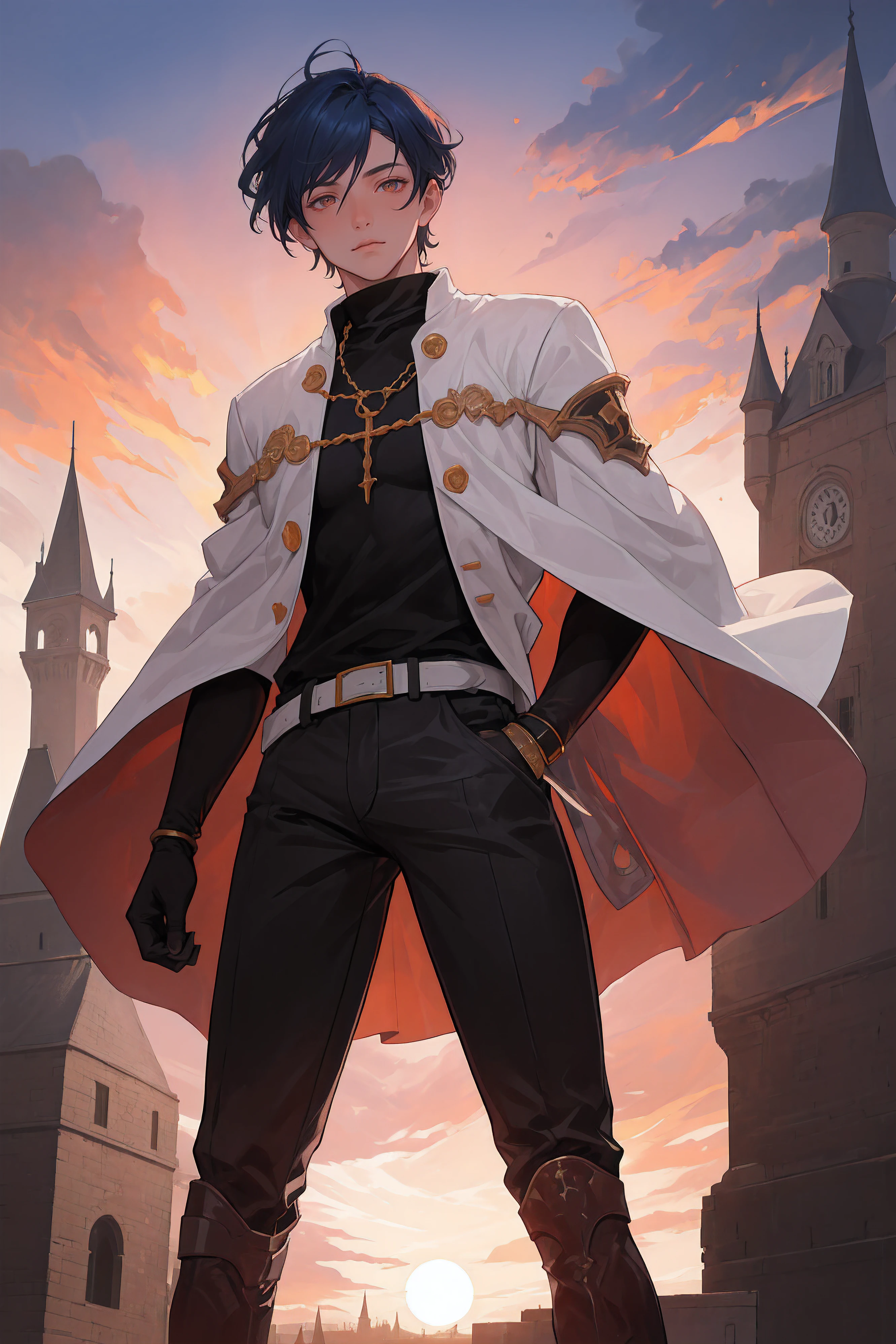 (absurderes, A high resolution, Ultra detailed), 1 male, Young man, brown tanned skin. Right eye patch, Blue hair, Dramatic lighting, Detailed, Masterpiece, Stand in front of the castle, Sunset light, Red and Orange sunset tones