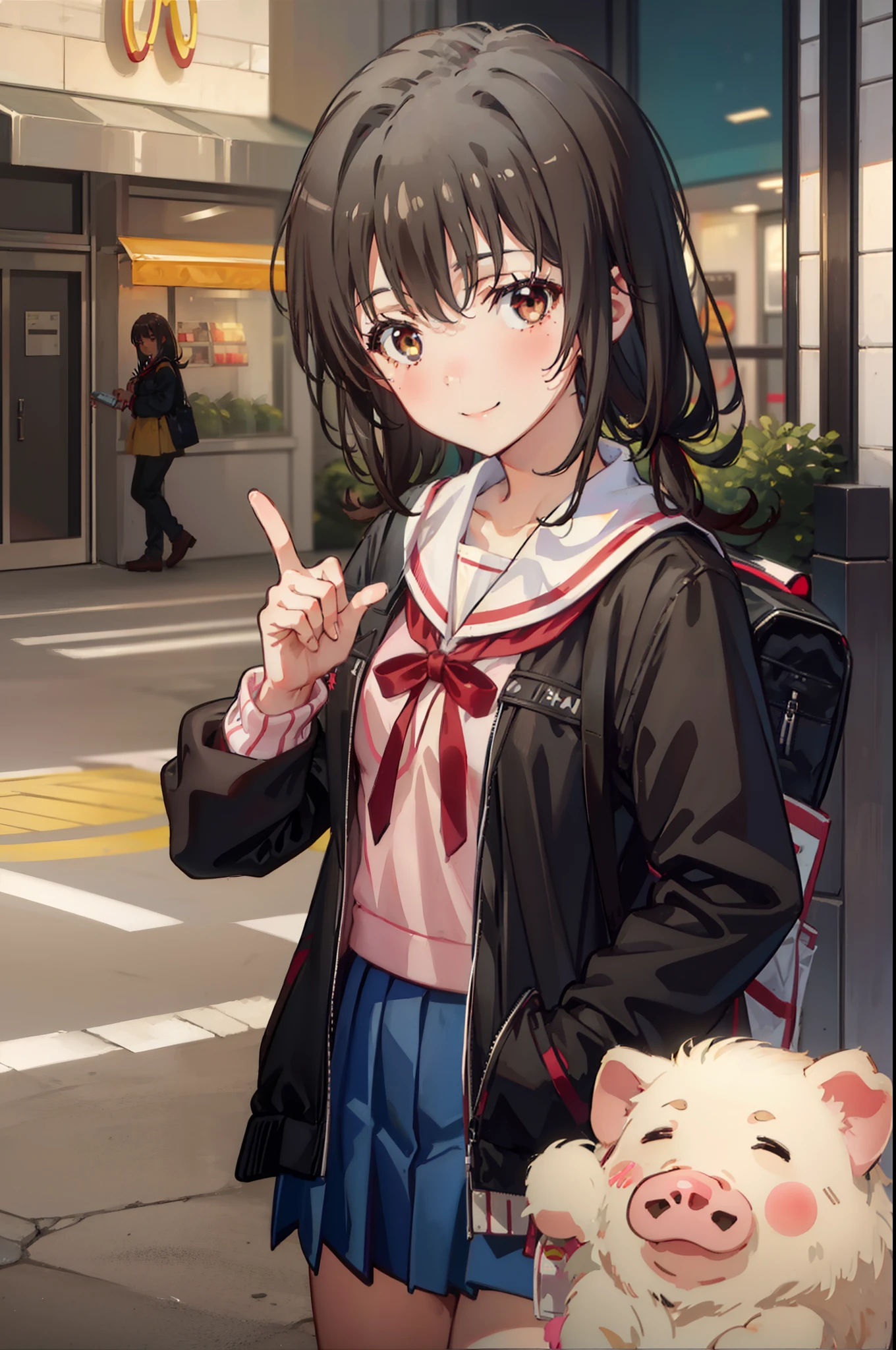 1girl, Girl, Dark brown Hair, pig tail, serafuku, Smile, Pointing finger, Sitting in side McDonald's