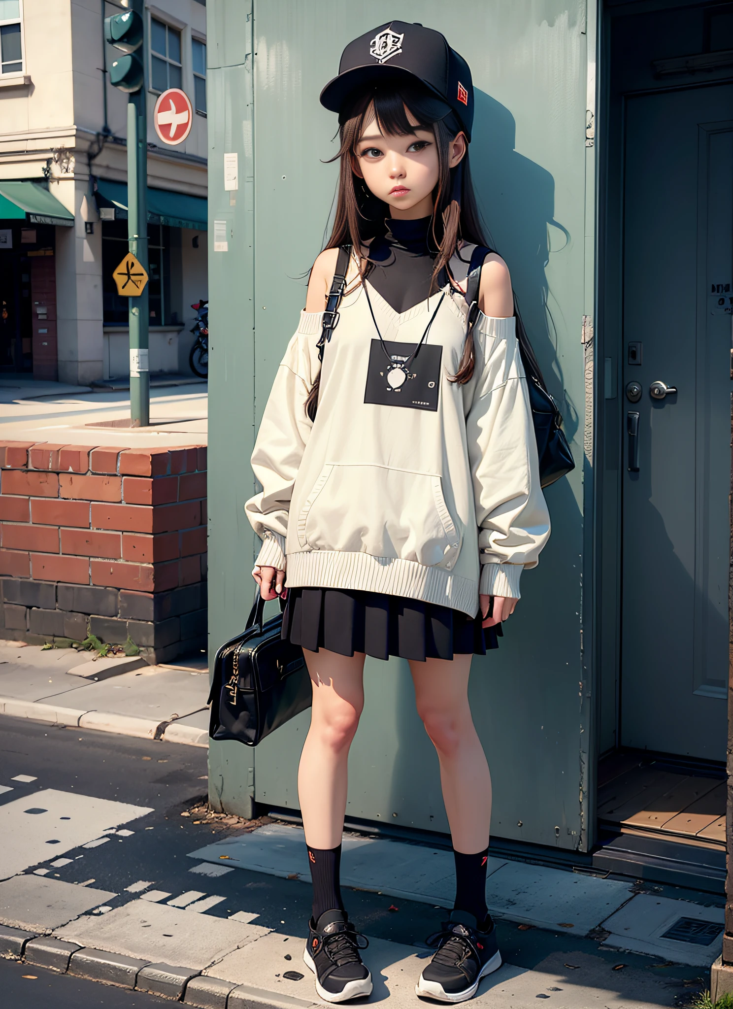 RAW image quality、masterpiece、top-quality、Detailed CG image quality、
1girl in, bags, The upper part of the body_Body, Street, bangss, Bare_shoulders, Baseball Cap, Black_Footwear, Black_Hats, brown_Eyes, brown_hair, Closed_Mouth, hand bag, Hats, hold ing, long_hair, long_sleeves, up looking_で_viewer, Off_Shoulder, shoe, skirt by the, sleeves_hiar_wrist, sockes, 独奏, Sweaters, white_legwear very