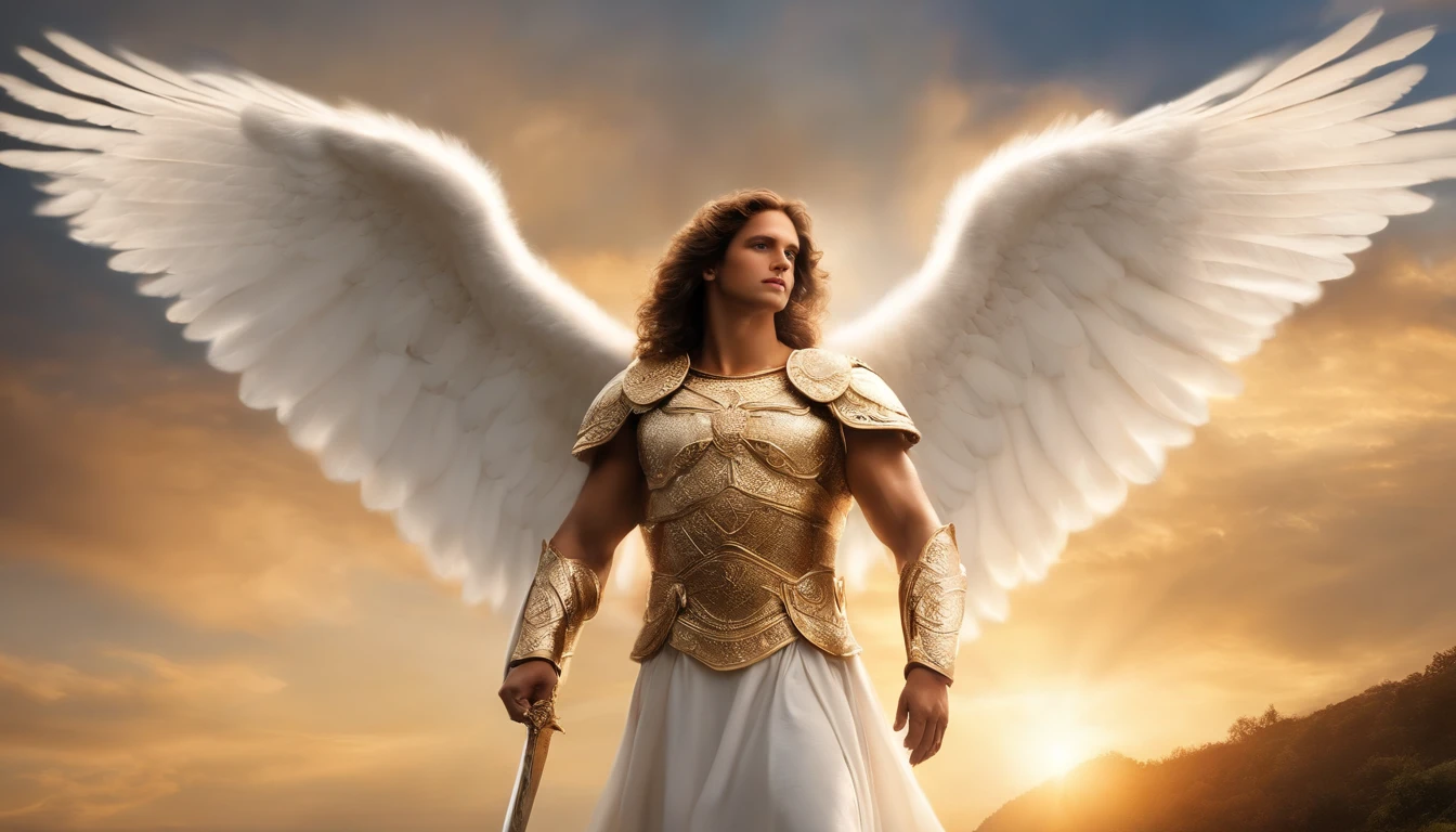 There is a painting of an angel with wings in the sky, Anjo majestoso de corpo inteiro, vestido com roupas brancas e vermelhas, biblical accurate angel, Arcanjo Miguel, anjo protegendo em guarda, angel spirit guide, angelic, Arcanjo Miguel, humano alado, epic angel wings, anjo lindo, anjo, being brilliant angelic, angelic, Tema de anjo, Alto Anjo tiro distante, Biblical setting, anjo guerreiro, with a spear in his hand, vestes vermelhas estilo soldado romano, anjo aparentando idade de 40 anos e majestoso, um personagem masculino, o arcanjo Miguel, imagem celestial, detalhes intricados, realista, asas ROSAS e grandes, angelic background, Catholic illustrative image of the archangel Michael, Male character of the Bible, Michael is wearing his angelic armor, cosmic background, Illumination in the Archangel and in the background, imagem do corpo todo do anjo, Maximum detail and his angelic face and wings, pele perfeita realista, Maximum image quality, Miguel ele esta destacado na imagem com cores fortes e chamativas.