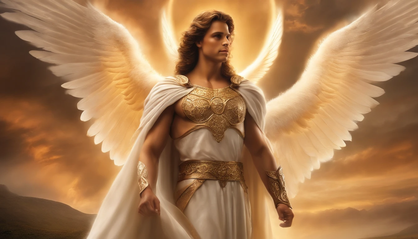 There is a painting of an angel with wings in the sky, Anjo majestoso de corpo inteiro, vestido com roupas brancas e vermelhas, biblical accurate angel, Arcanjo Miguel, anjo protegendo em guarda, angel spirit guide, angelic, Arcanjo Miguel, humano alado, epic angel wings, anjo lindo, anjo, being brilliant angelic, angelic, Tema de anjo, Alto Anjo tiro distante, Biblical setting, anjo guerreiro, with a spear in his hand, vestes vermelhas estilo soldado romano, anjo aparentando idade de 40 anos e majestoso, um personagem masculino, o arcanjo Miguel, imagem celestial, detalhes intricados, realista, asas ROSAS e grandes, angelic background, Catholic illustrative image of the archangel Michael, Male character of the Bible, Michael is wearing his angelic armor, cosmic background, Illumination in the Archangel and in the background, imagem do corpo todo do anjo, Maximum detail and his angelic face and wings, pele perfeita realista, Maximum image quality, Miguel ele esta destacado na imagem com cores fortes e chamativas.