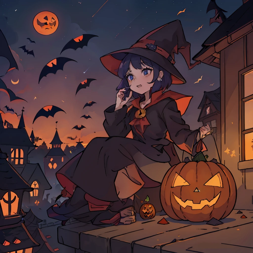 24-year-old woman、A playful little devil wearing a triangular hat、Witches' Halloween Party、The city is trick-or-treating、Pumpkin sweets、lanthanum、Halloween motifs、male child、prank、Float in the sky、full bodyesbian、overlooks