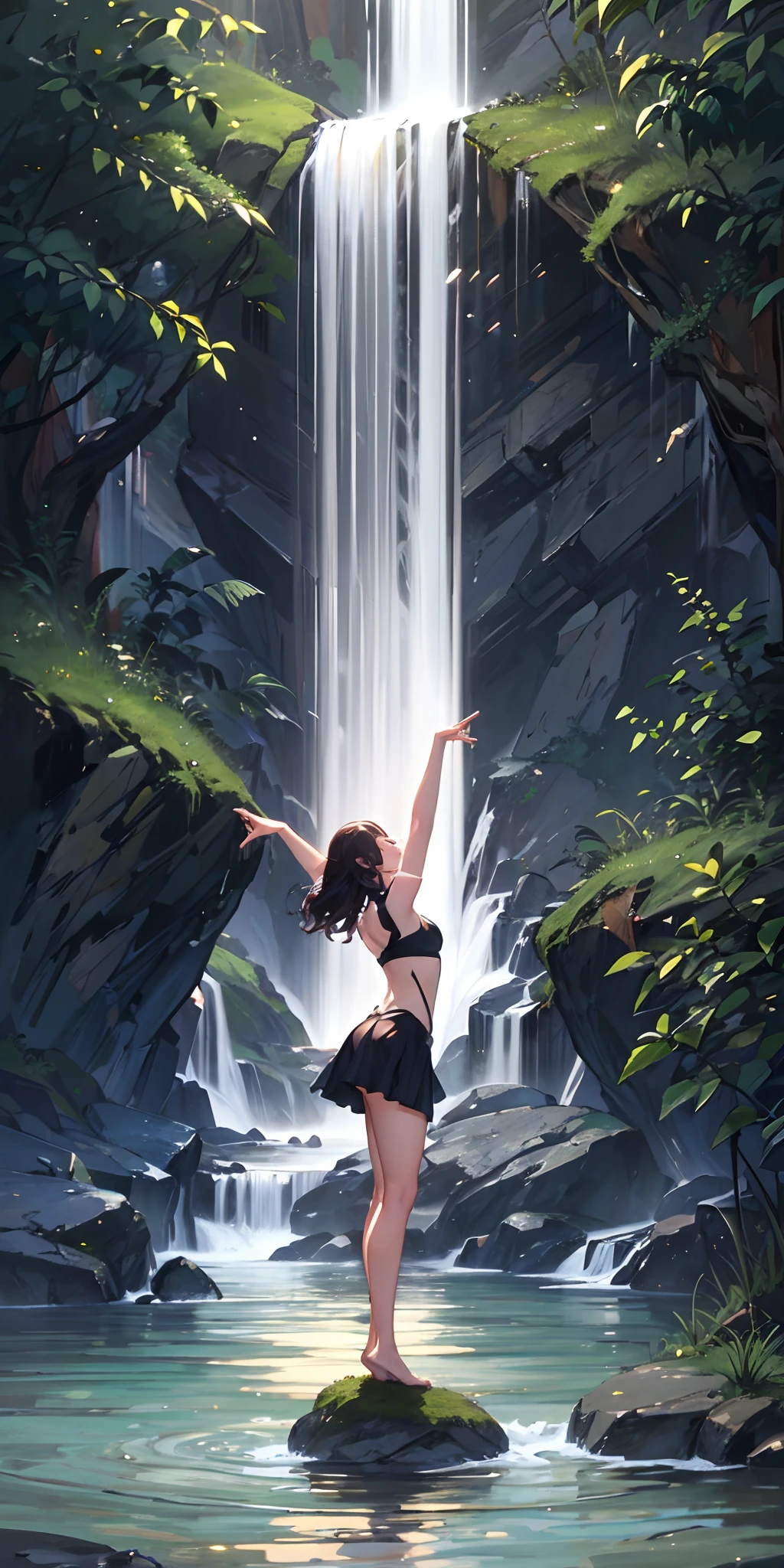 a woman is posing on a rock in the water with her arms outstretched and her legs spread out,, Ella Guru, waterfall, a screenshot, arabesque --auto --s2