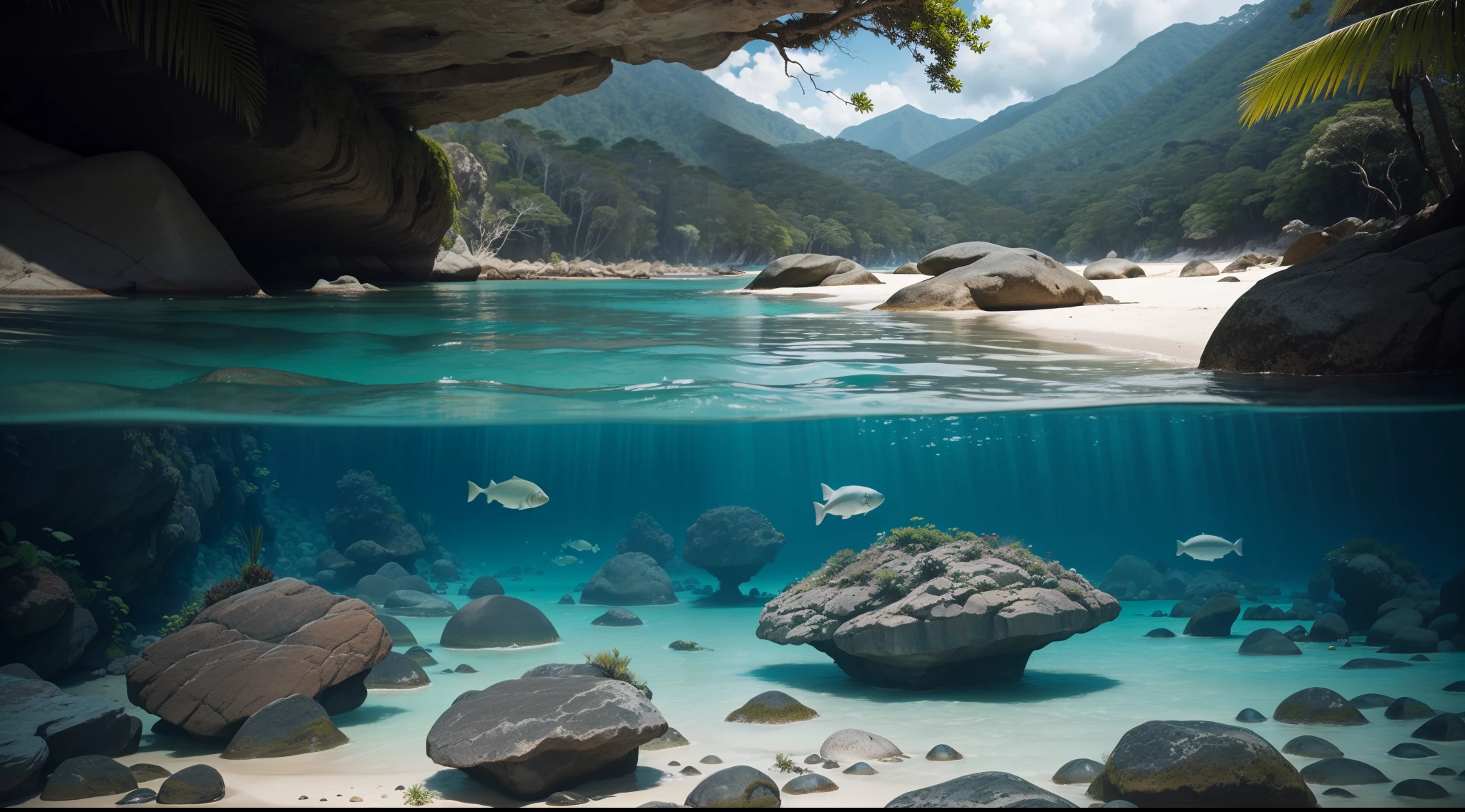 Two-level photograph with views above and below water level/Linha, uma grande cena floresta tropical, blue water,  montanhas ao fundo verdejantes, intricate underwater worlds, Seapunk in the style of translucent water & surreal, Two-level photography, A two-level photograph of the great rainforest scene above the blue waterline