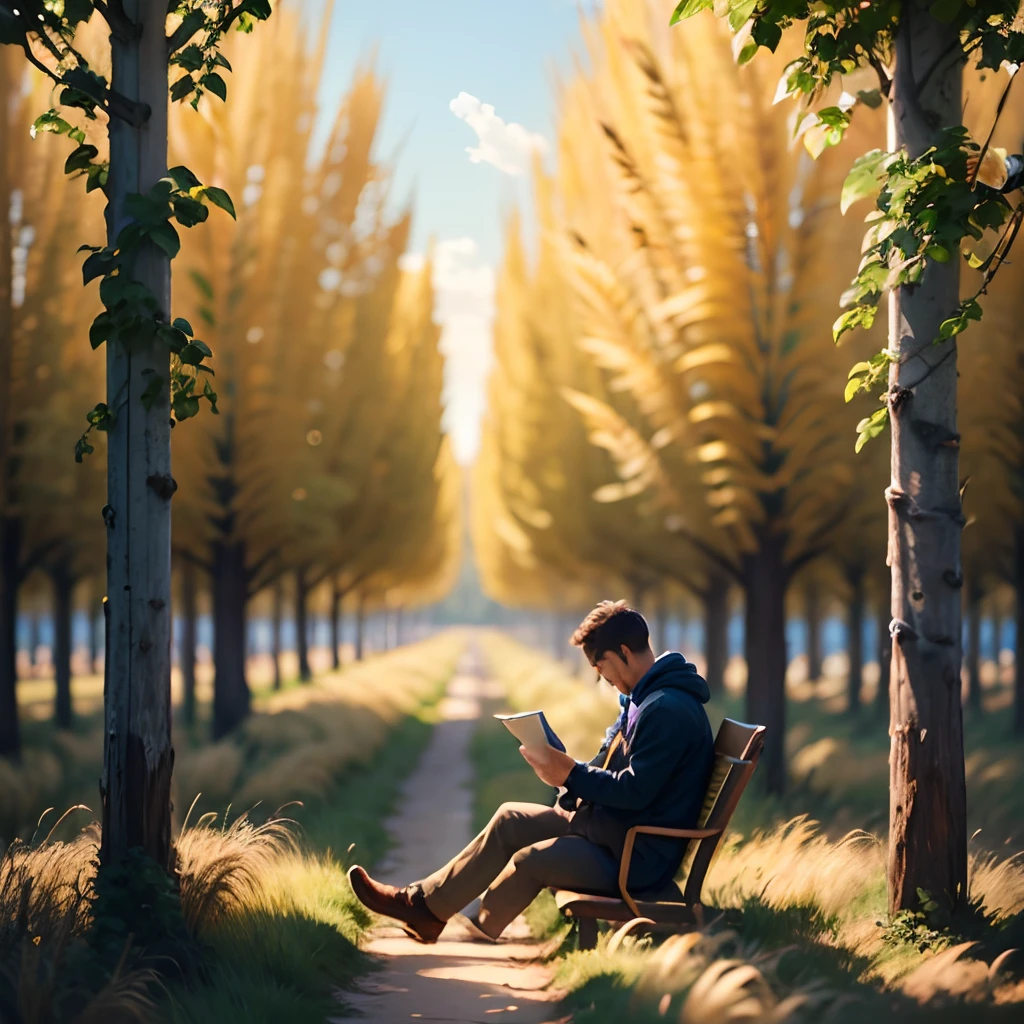 A man is reading a book next to a golden wheat field on a sunny day --auto --s2