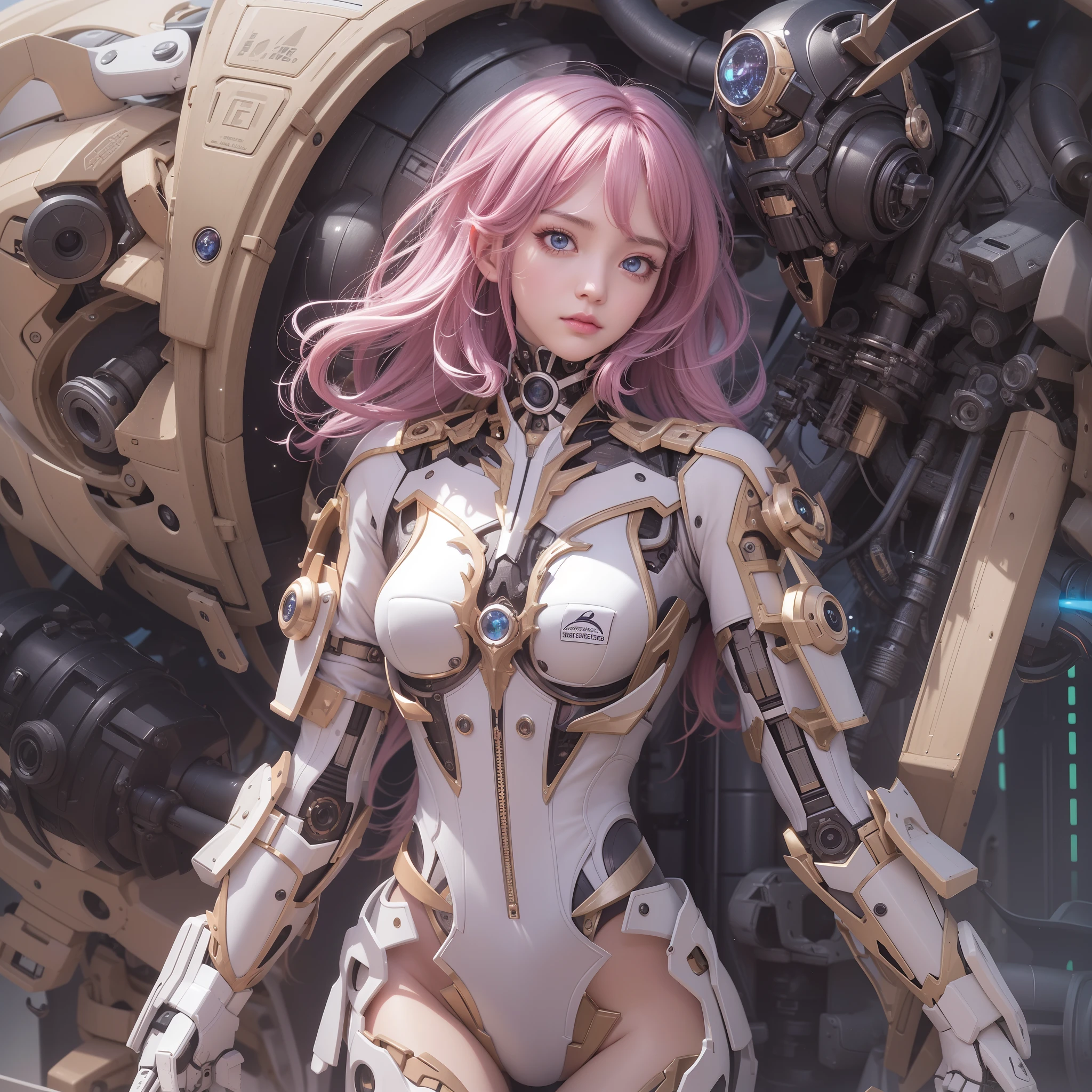 machinery suit、Mechanical body、Skeletal、Mecha mask close-up、Gothic girl、Makeup、(hentail realism、A high resolution)、(1 girl in)、Eye、Korean girl、(Best quality), (masutepiece), (1girl in), Solo, a beauty girl, Perfect face,,DreamlikeArt、Highly detailed airbrush art((Surreal))、voluminetric lighting、(top-quality)、The ultra-detailliert、Rear space、The star slowly tilts westward。Light brings light to the machine、Create beautiful scenes。Her eyes glow visibly pink。Lots of stars