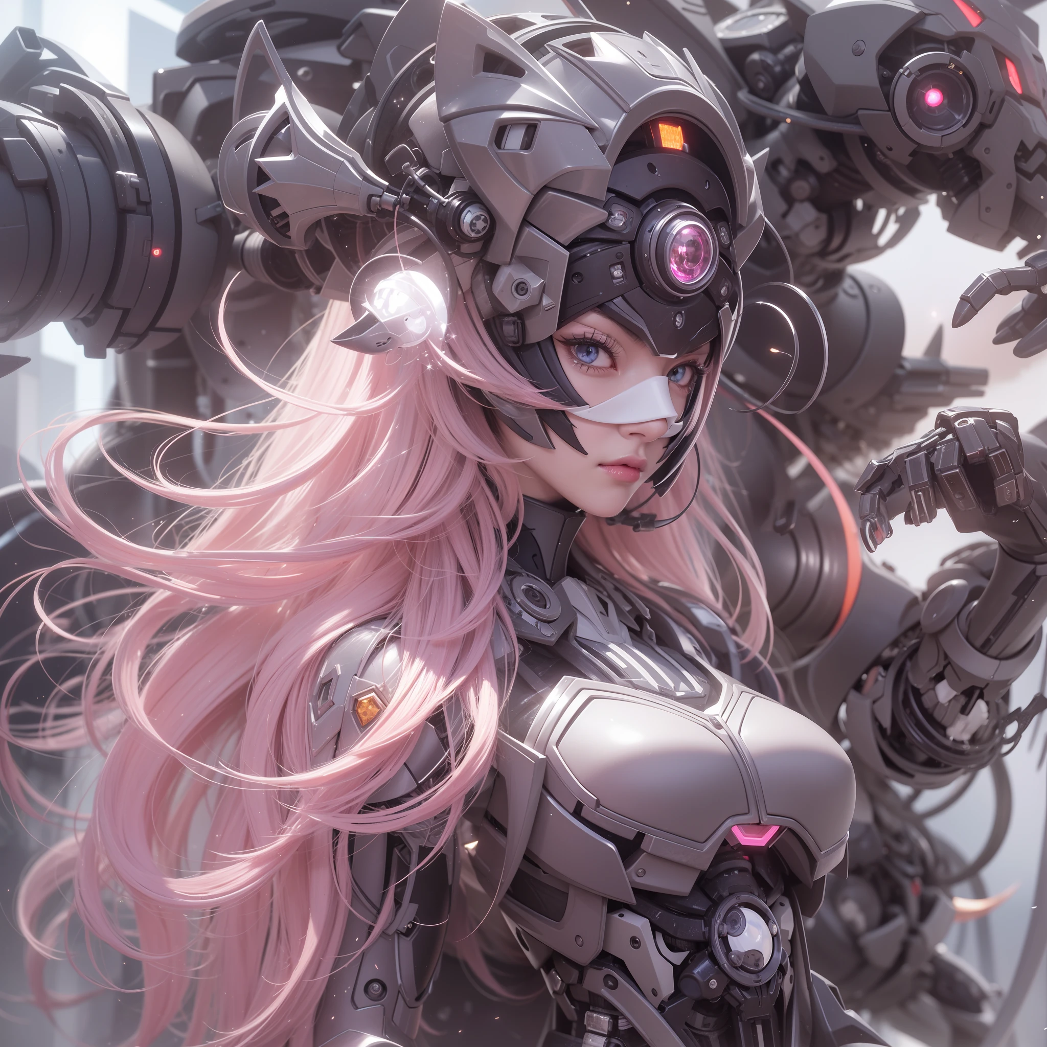 machinery suit、Mechanical body、Skeletal、Mecha mask close-up、Gothic girl、Makeup、(hentail realism、A high resolution)、(1 girl in)、eye、Korean girl、(Best quality), (masutepiece), (1girl in), Solo, a beauty girl, Perfect face,,DreamlikeArt、Highly detailed airbrush art((Surreal))、voluminetric lighting、(top-quality)、The ultra-detailliert、Rear space、The star slowly tilts westward。Light brings light to the machine、Create beautiful scenes。Her eyes glow visibly pink。Lots of stars