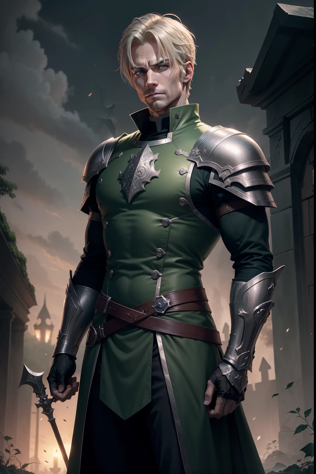 realistic image and in 8k, of a 35 years old man, strong, blond, short hair, extremely detailed green eyes, dressed in dark green clerics clothes and with silver shoulder pads, rpg warrior style, mournful expression, in a night cemetery, art in anime style