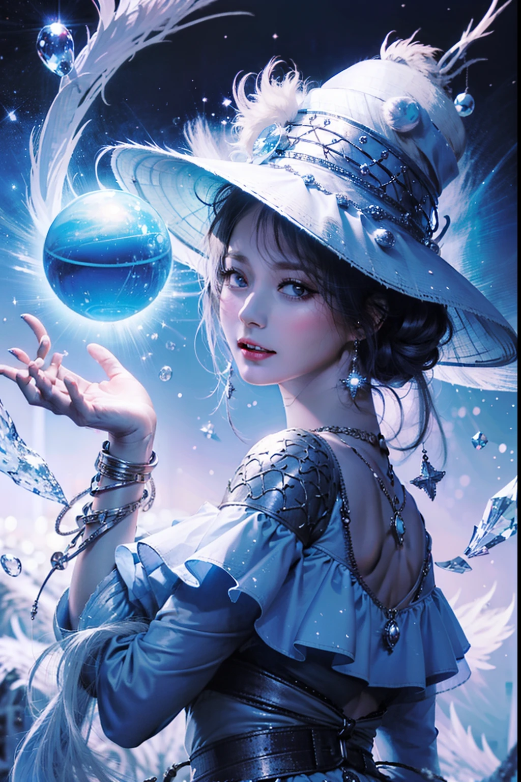 Sorcerer's Woman，conservative clothing，With a huge hat，Blue Crane，Wearing blue and red and white princess dresses，upper body close - up，Close-up photos，jewely，Vision of Heaven and Earth，Magic Crystal Ball，The background is the Milky Way，solar system