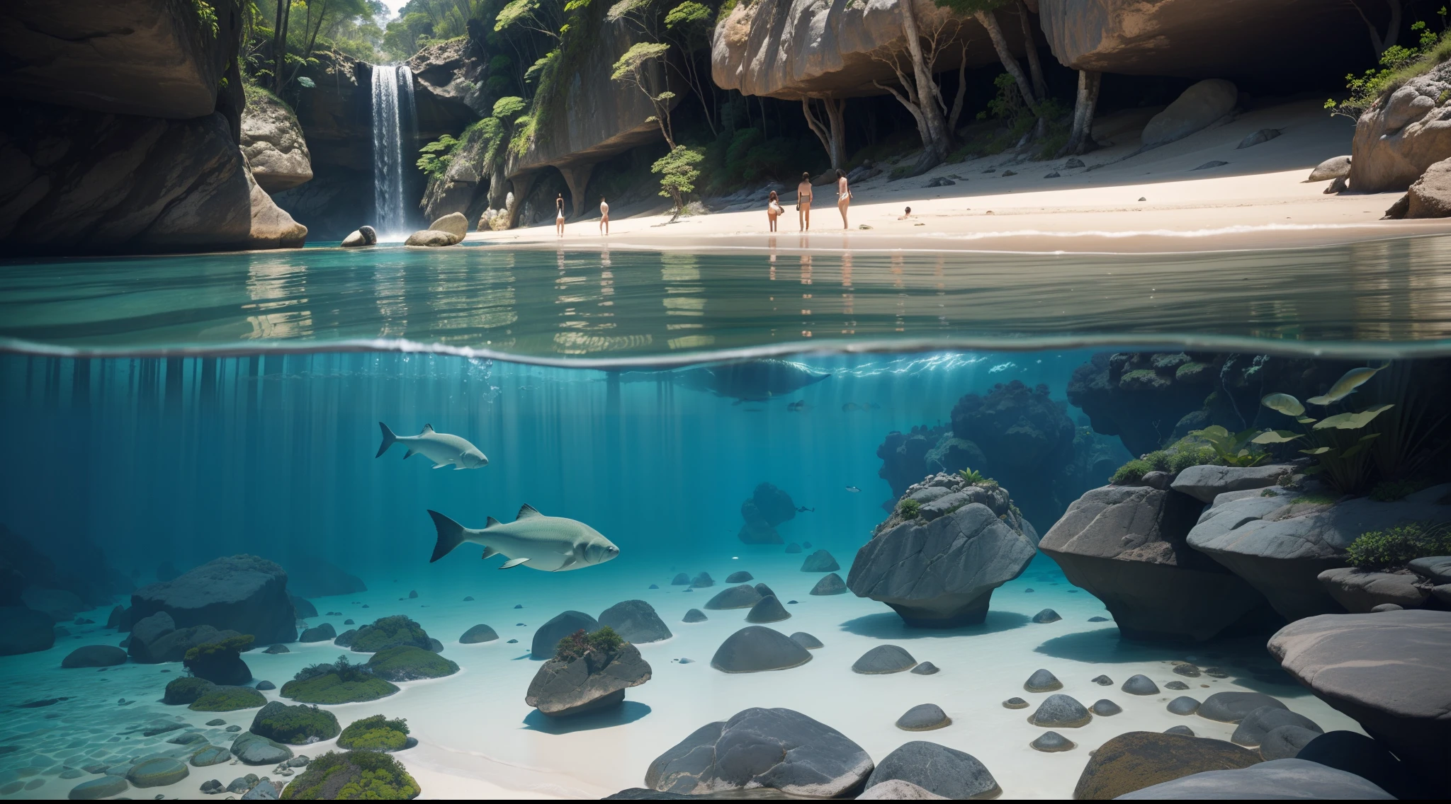 Two-level photograph with views above and below water level/Linha, uma grande cena floresta tropical, blue water, montanhas ao fundo verdejantes, intricate underwater worlds, Seapunk in the style of translucent water & surreal, Two-level photography, A two-level photograph of the great rainforest scene above the blue waterline