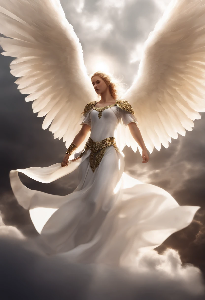 Angel of God flying perfect realistic with white wings sword on shield of hand ::n_ Imperfection, anime, Texto, boneco, Jogo, low perfection, Texto, assinatura