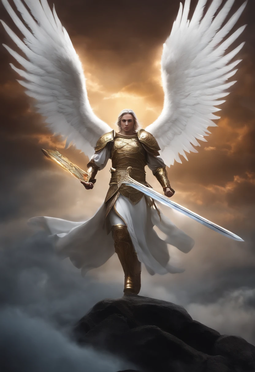 Angel of God flying perfect realistic with white wings sword on shield of hand ::n_ Imperfection, anime, Texto, boneco, Jogo, low perfection, Texto, assinatura