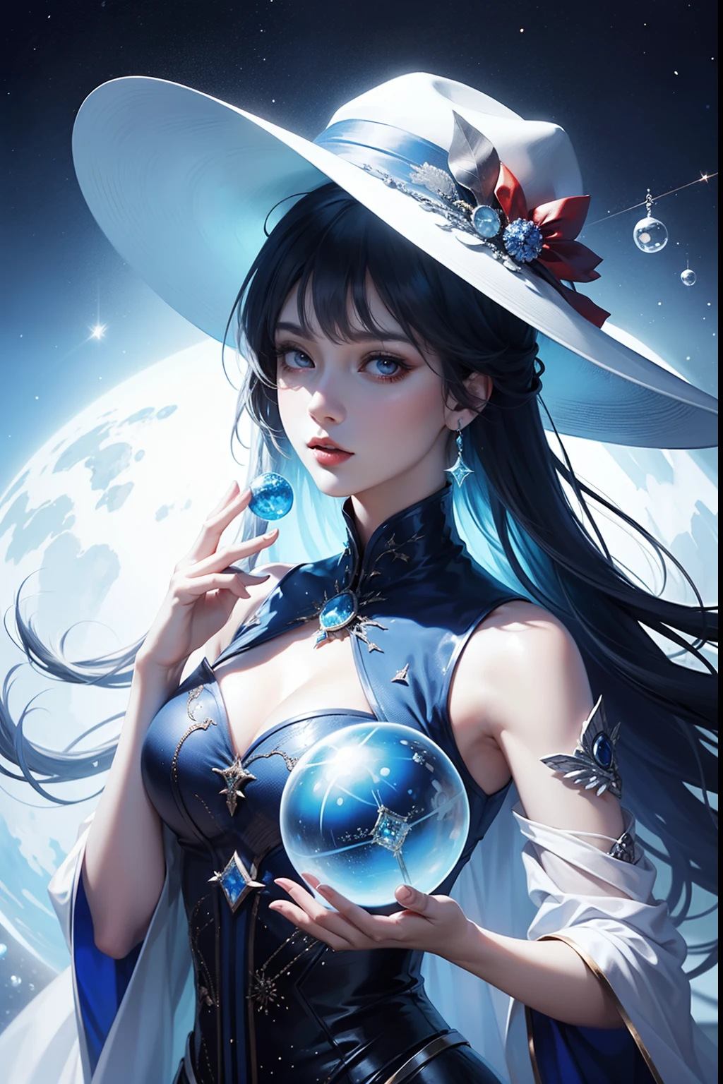 Sorcerer's Woman,conservative clothing,With a huge hat,Blue Crane,Wearing blue and red and white princess dresses,upper body close - up,Close-up photos,jewely,Vision of Heaven and Earth,Magic Crystal Ball,The background is the Milky Way,solar system