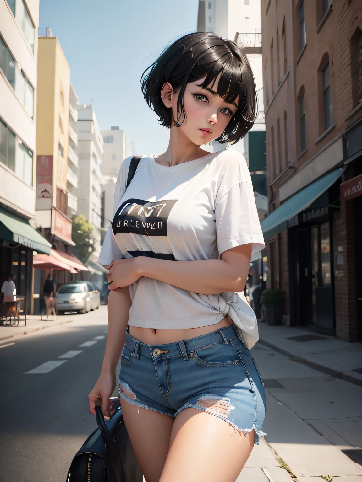 1girl, short black hair, blue eyes, wearing plain white shirt, denim shorts, city, absurdres, high res, ultrasharp, 8K, masterpiece, looking at viewer